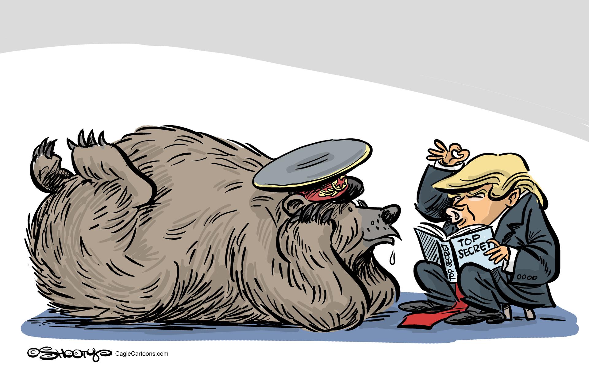 A Russian bear lying down, elbows on the floor and hands on his chin listening raptly to Trump as relays sensitive intelligence information.