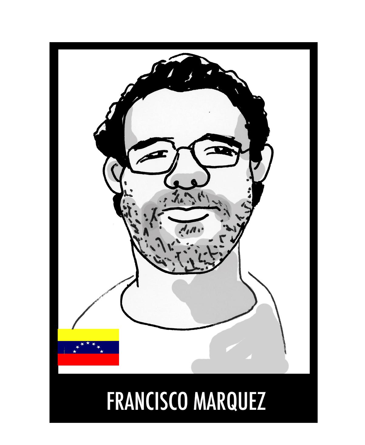 A drawing of Francisco Marquez by cartoonist Rayma Suprani (done before Marquez' release) as part of an effort to draw attention to the plight of political prisoners in Venezuela.