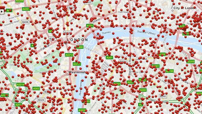 Locations where German bombs fell during the Blitz.