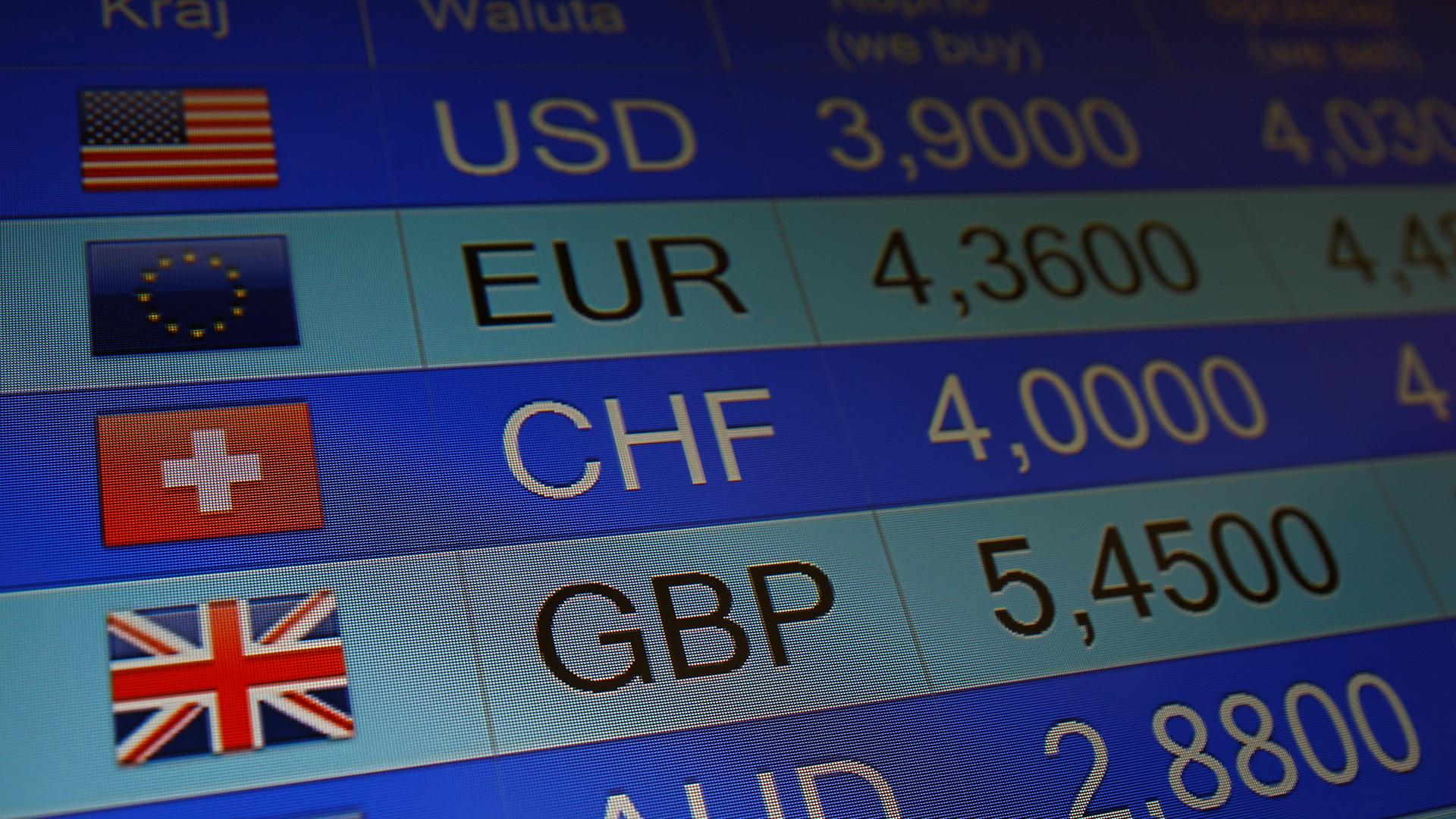 Rates of currencies, including British Pound, are displayed after Brexit referendum on an electronic board at a currency exchange in Warsaw, Poland. 