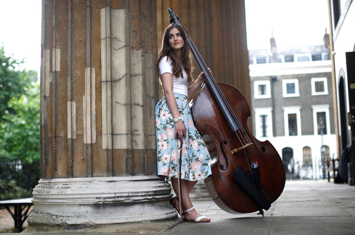 Vera Pereira, a Portuguese double bass player with a British orchestra in London.