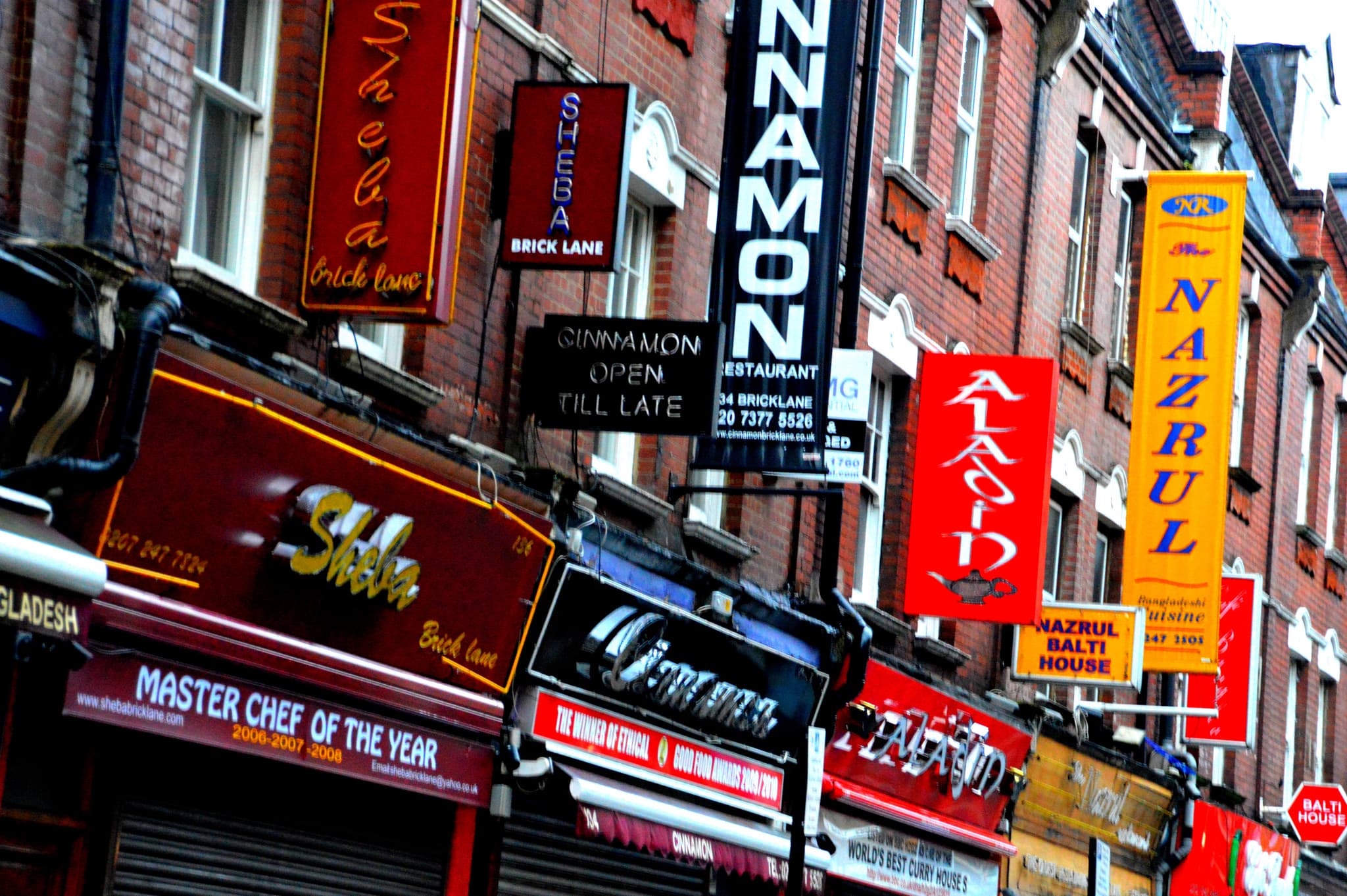 Curry restaurants on Brick Lane in London.