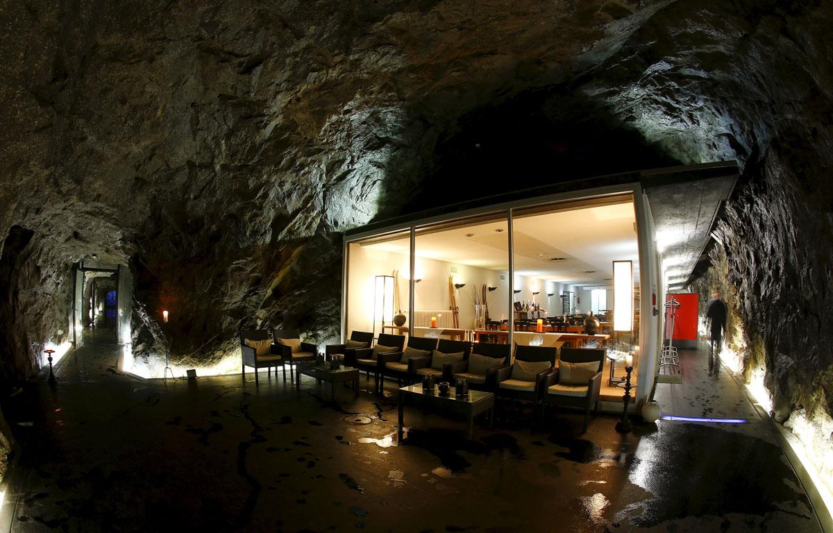 This view shows the restaurant at the Hotel La Claustra in the former Swiss army bunker on the St. Gotthard mountain pass.