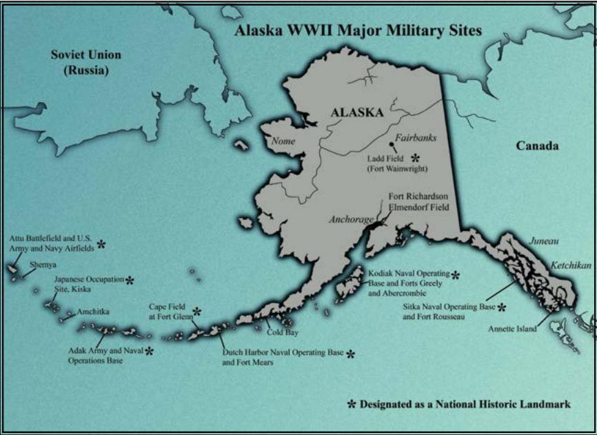 This map of Alaska was adapted from Debra Duba, Alaska at War 1941-1945