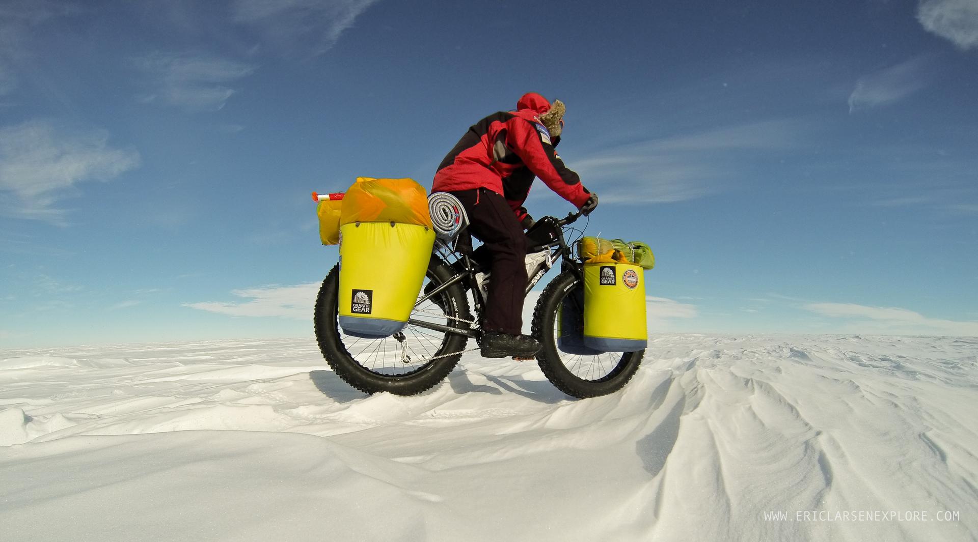 Eric Larsen took this photo of himself on his attempt to become the first person to bike across Antarctica to the Geographic South Pole. He set up a camera on a tripod, and used an intervalometer.