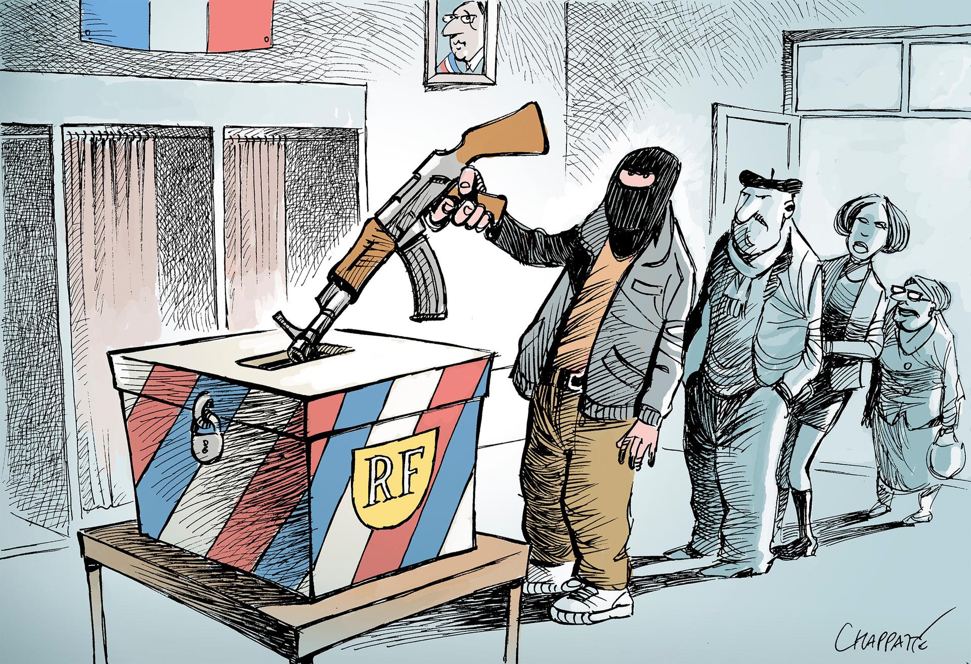 cartoon showing an IS terrorist voting in French election