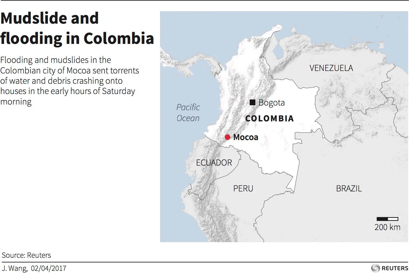 A map of the impact of overflowing rivers in Colombia.
