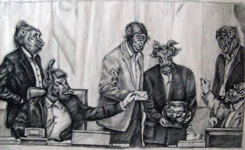 Athena's cartoon depicting members of the Iranian parliament as animals voting on the prohibition of voluntary permanent contraception, or vasectomies.