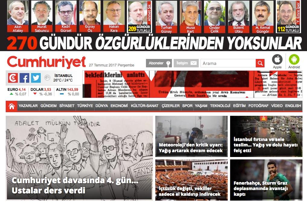 Each day since the arrests of its staffers began nine months ago, Cumhuriyet has featured the photos of all its detained journalists and executives and the number of days they've been held at the top of its front page.