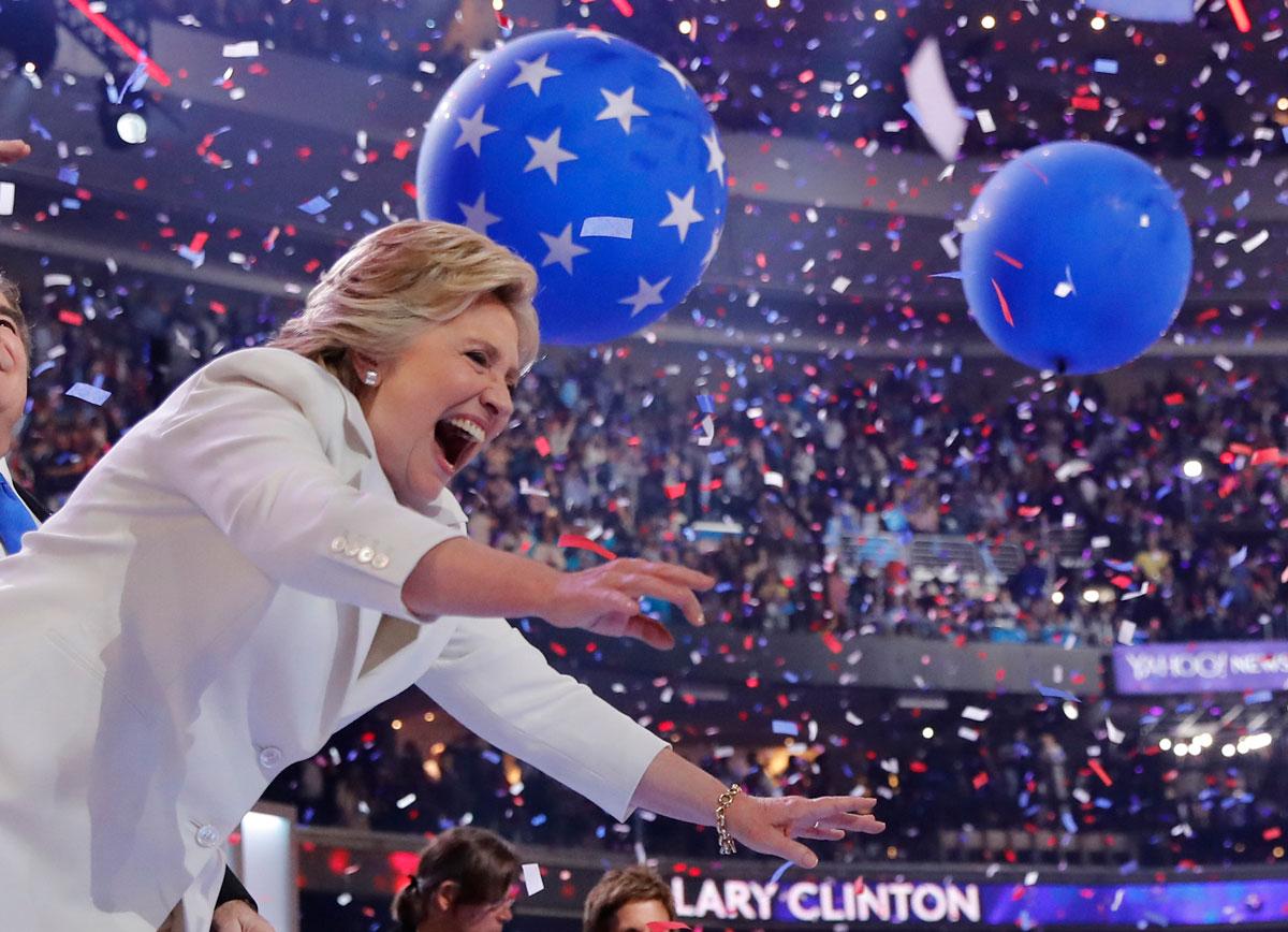 Hillary Clinton celebrates among balloons after she accepted the Democratic nomination for US president.