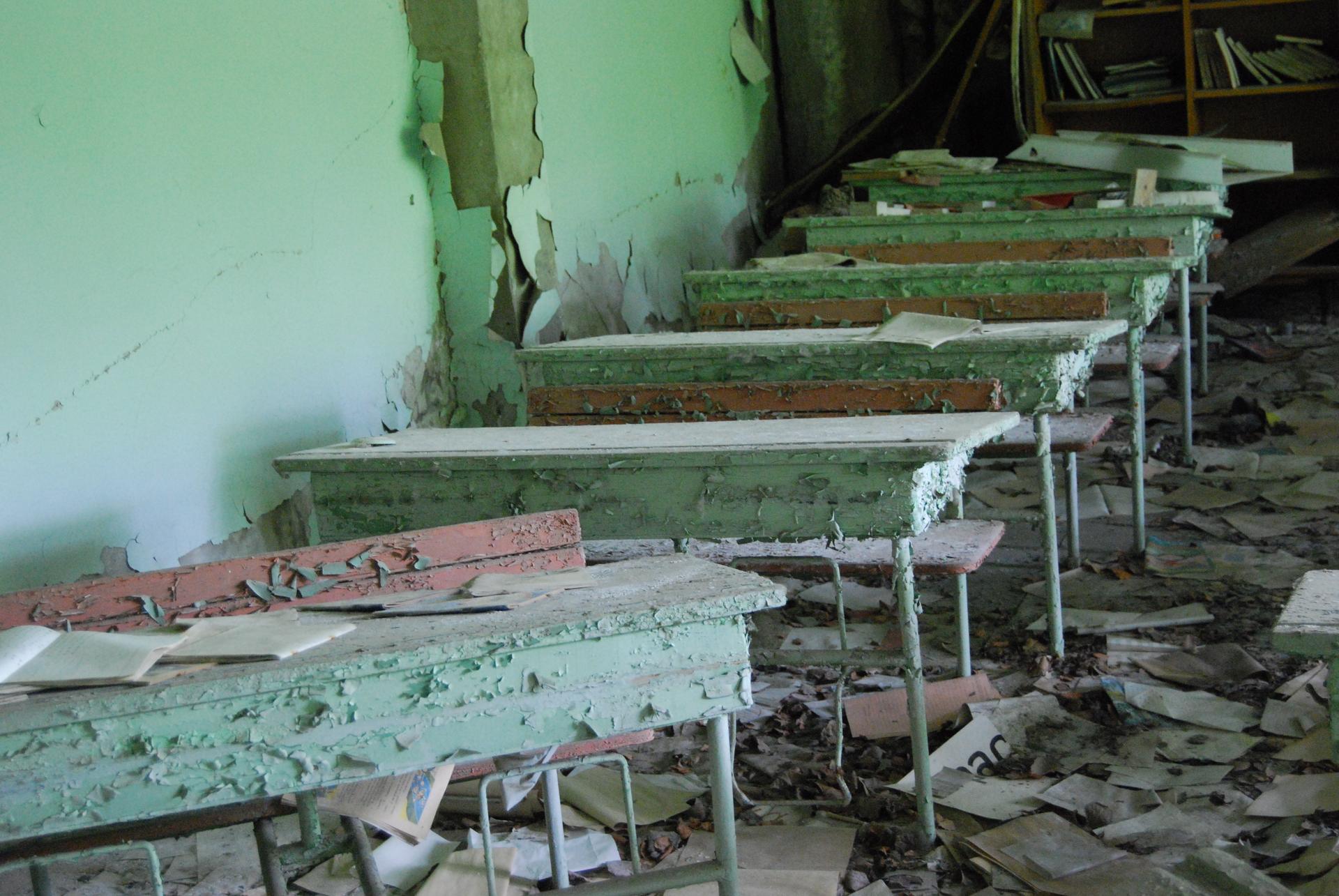 An abandoned classroom in the nearby town of Pripyat where most of the workers at the nuclear plant lived. The town was hastily abandoned the day after the Chernobyl disaster.