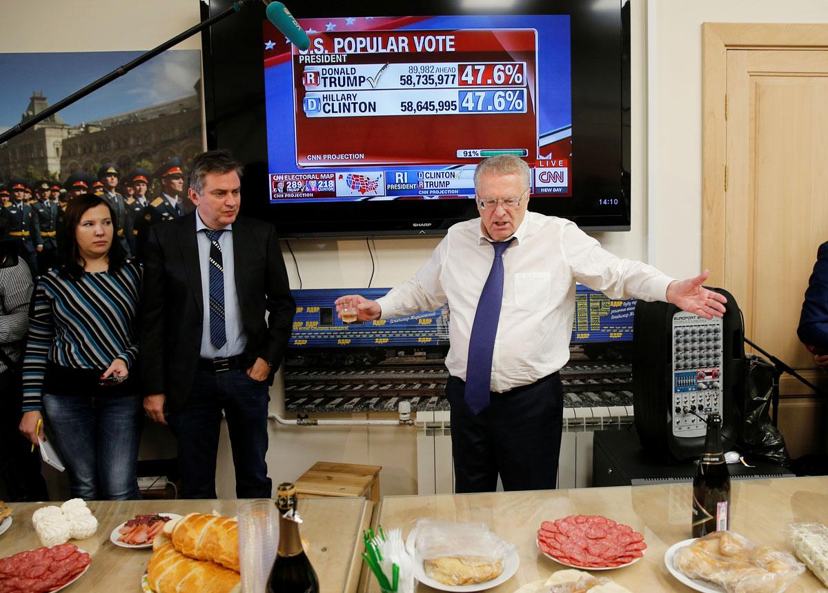 Head of the Liberal Democratic Party of Russia Vladimir Zhirinovsky celebrates Donald Trump's election as president by drinking sparkling wine with other party members in Moscow.