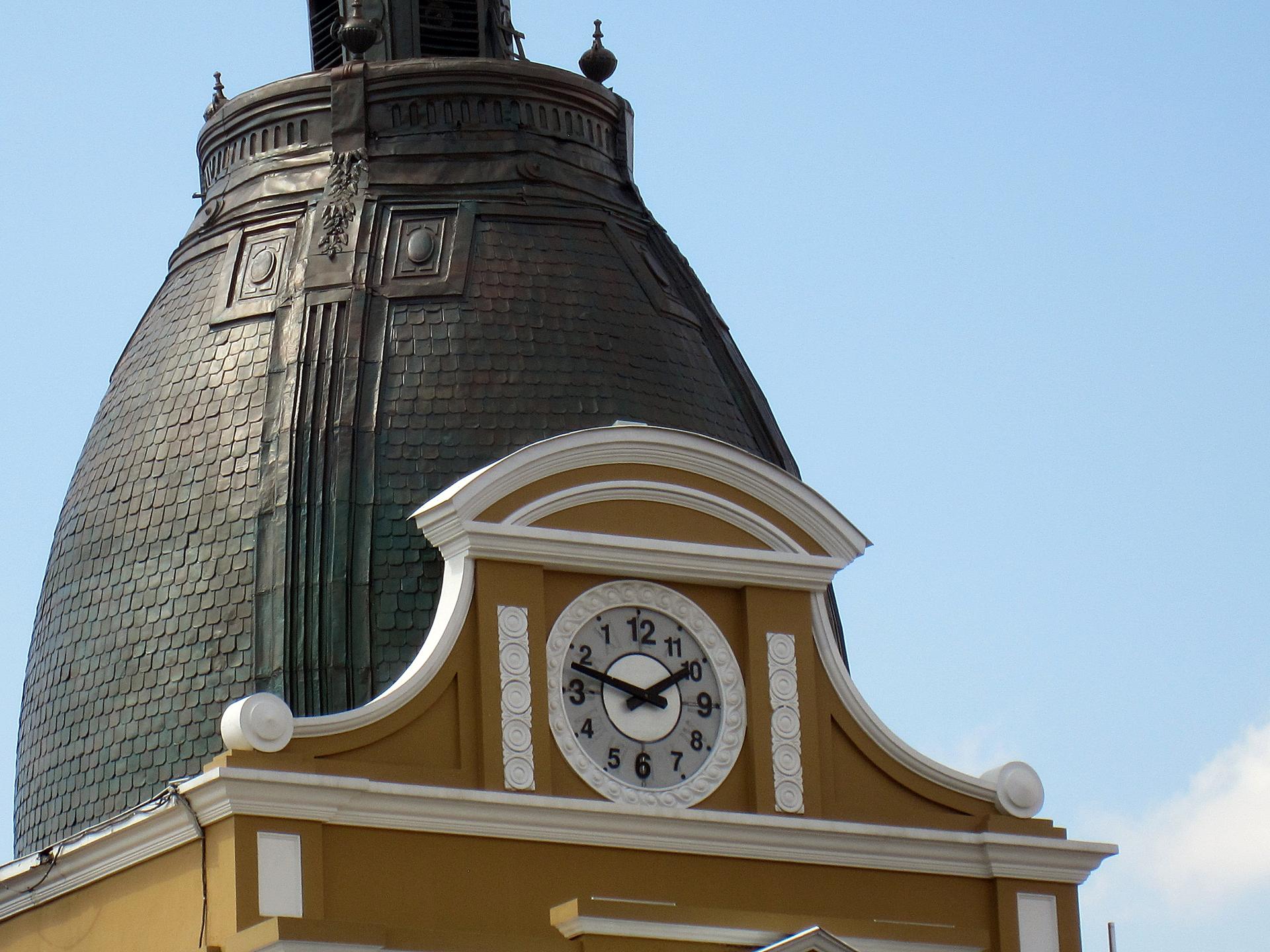 The clock on the facade Bolivia's Congress building in La Paz, Bolivia. President Evo Morales had the clock turned backwards in 2014 and dubbed it the 