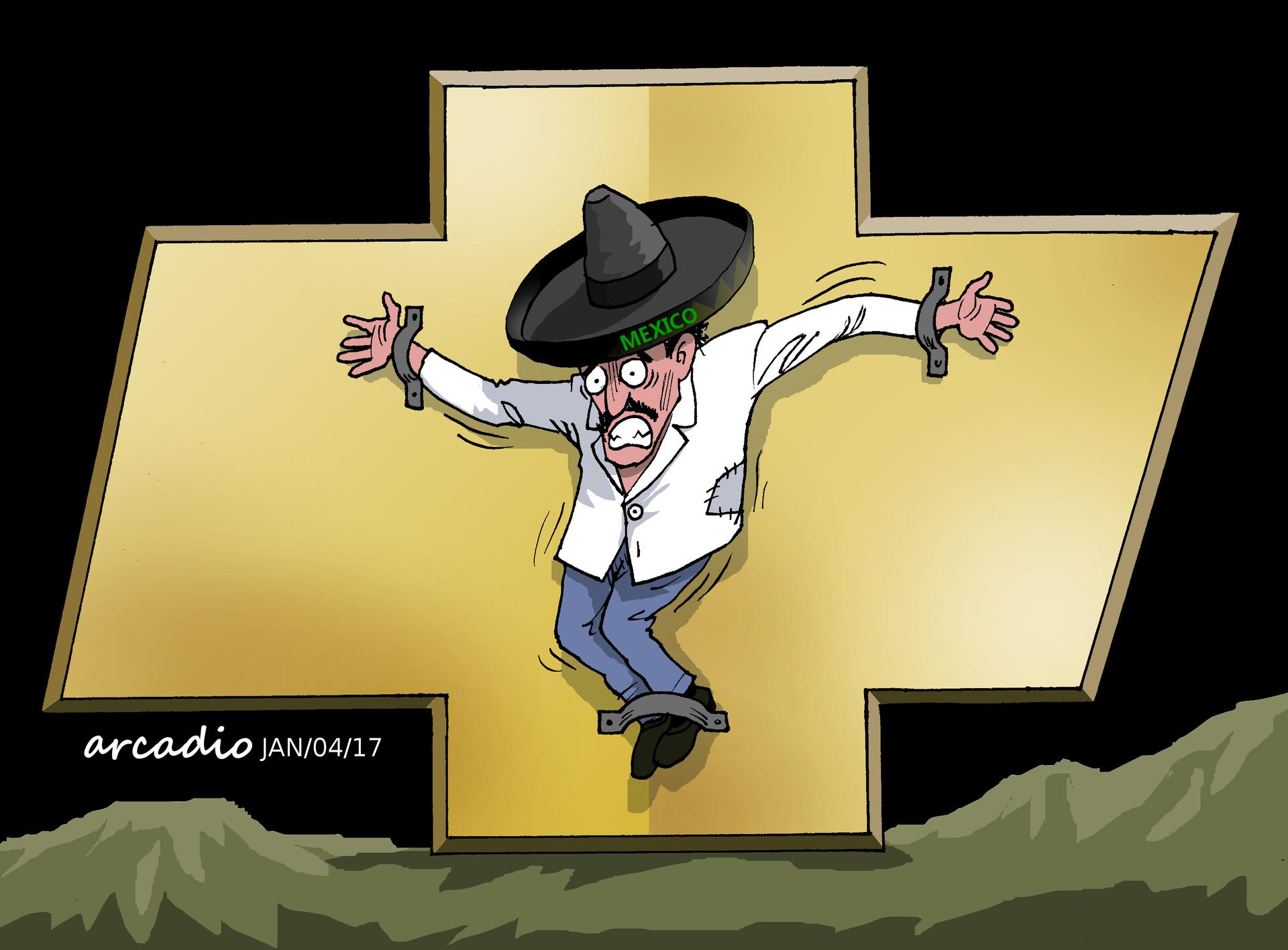 A cartoon from Costa Rica: A Mexican on the cross of Chevrolet.