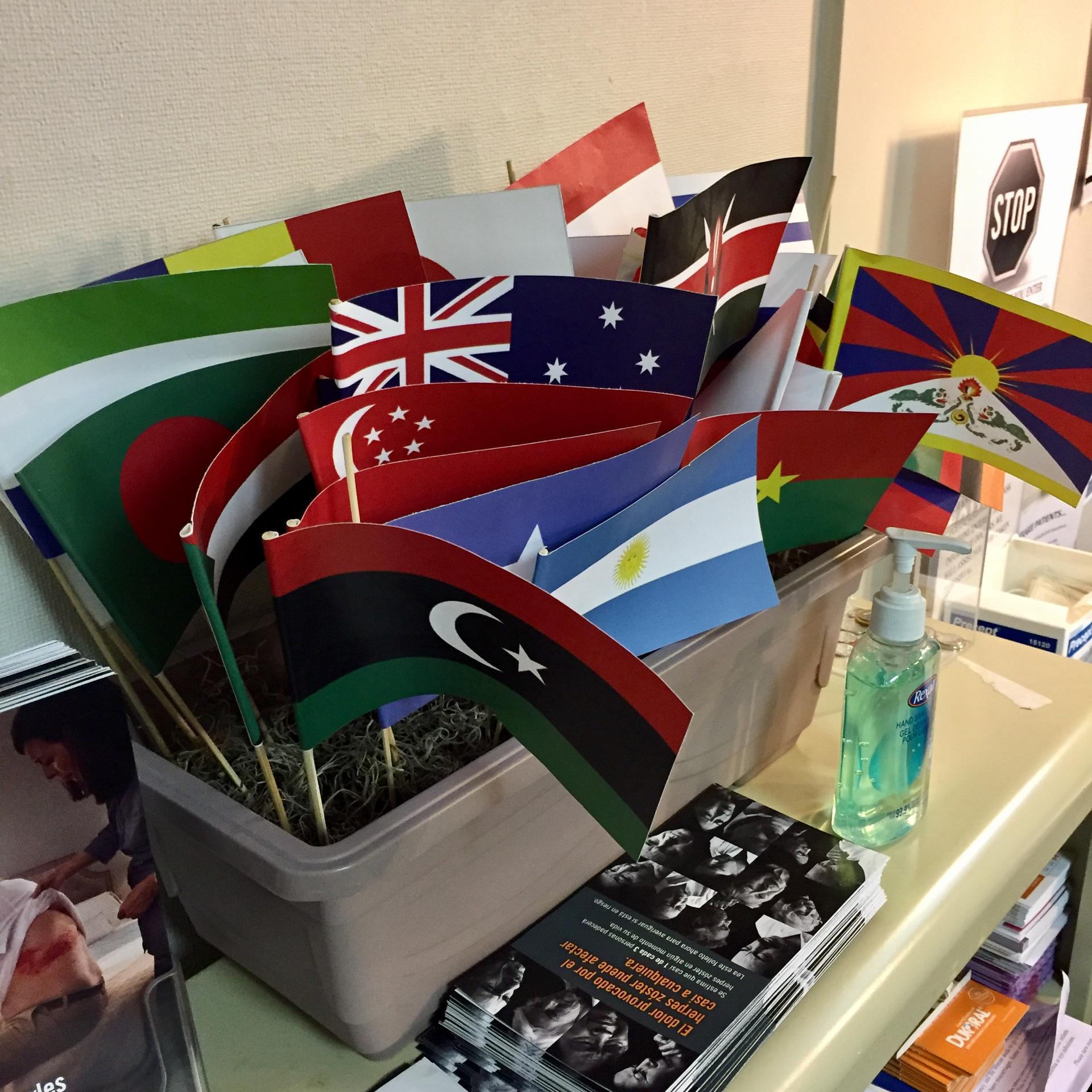 Flags represent some of the home countries of the patients at the clinic.