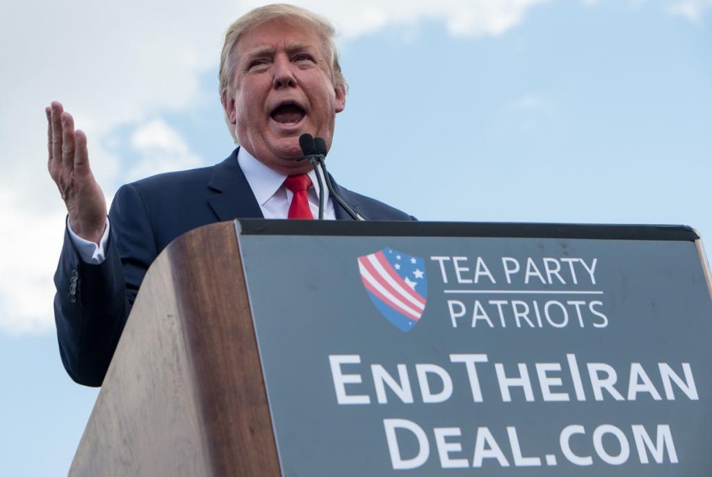 US Republican presidential candidate Donald Trump speaks at a rally organized by the Tea Party against the Iran nuclear deal in front of the Capitol in Washington, DC on Sept. 9, 2015.