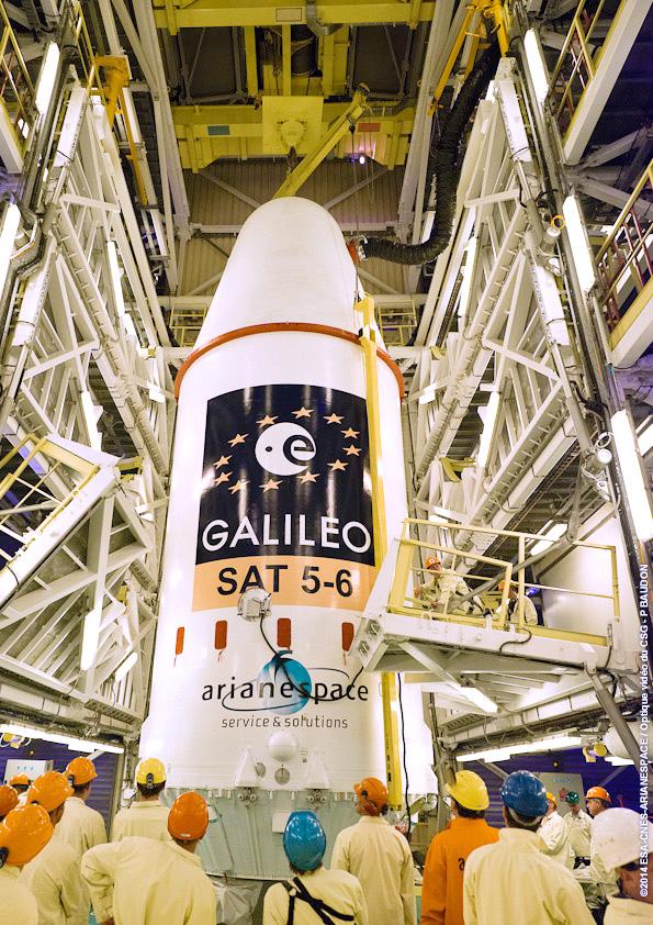 Gailileo 5-6 satellites placed on top of their Soyuz launcher at the top of its mobile gantry on the evening of August 19, 2014. Photo by ESA/CNES/Arianespace
