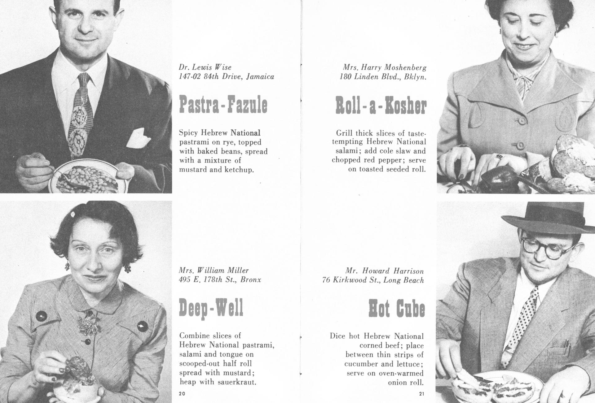 Ordinary New Yorkers with their sandwich creations depicted in a 1950s Hebrew National Promotion booklet.