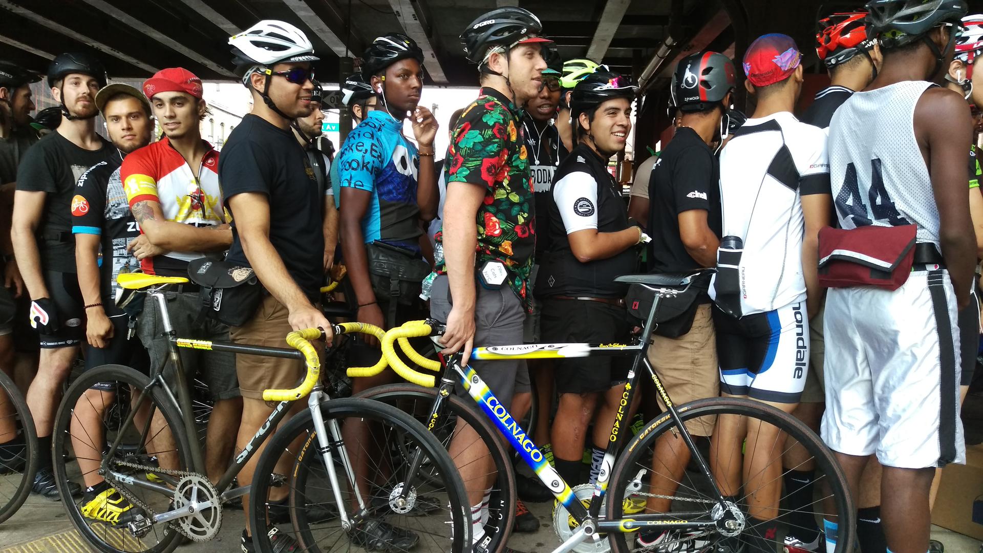 Racers lining up for their list of checkpoints at the Alleycat in New York in August. Most of the racers now aren't bike messengers.