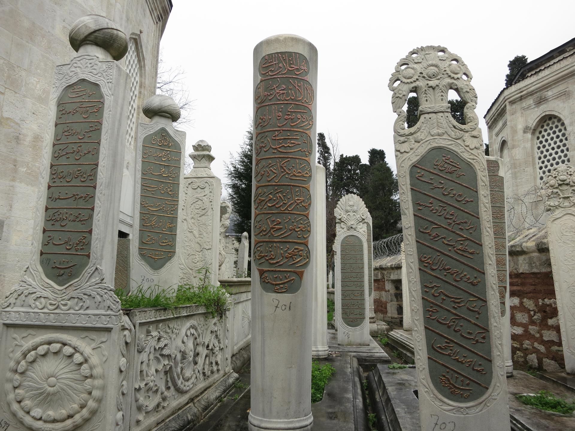 Tombstones in a cemetery next to the Eyup Sultan Mosque in Istanbul. The epitaphs are written in Ottoman Turkish, which most modern Turks can't read or understand.