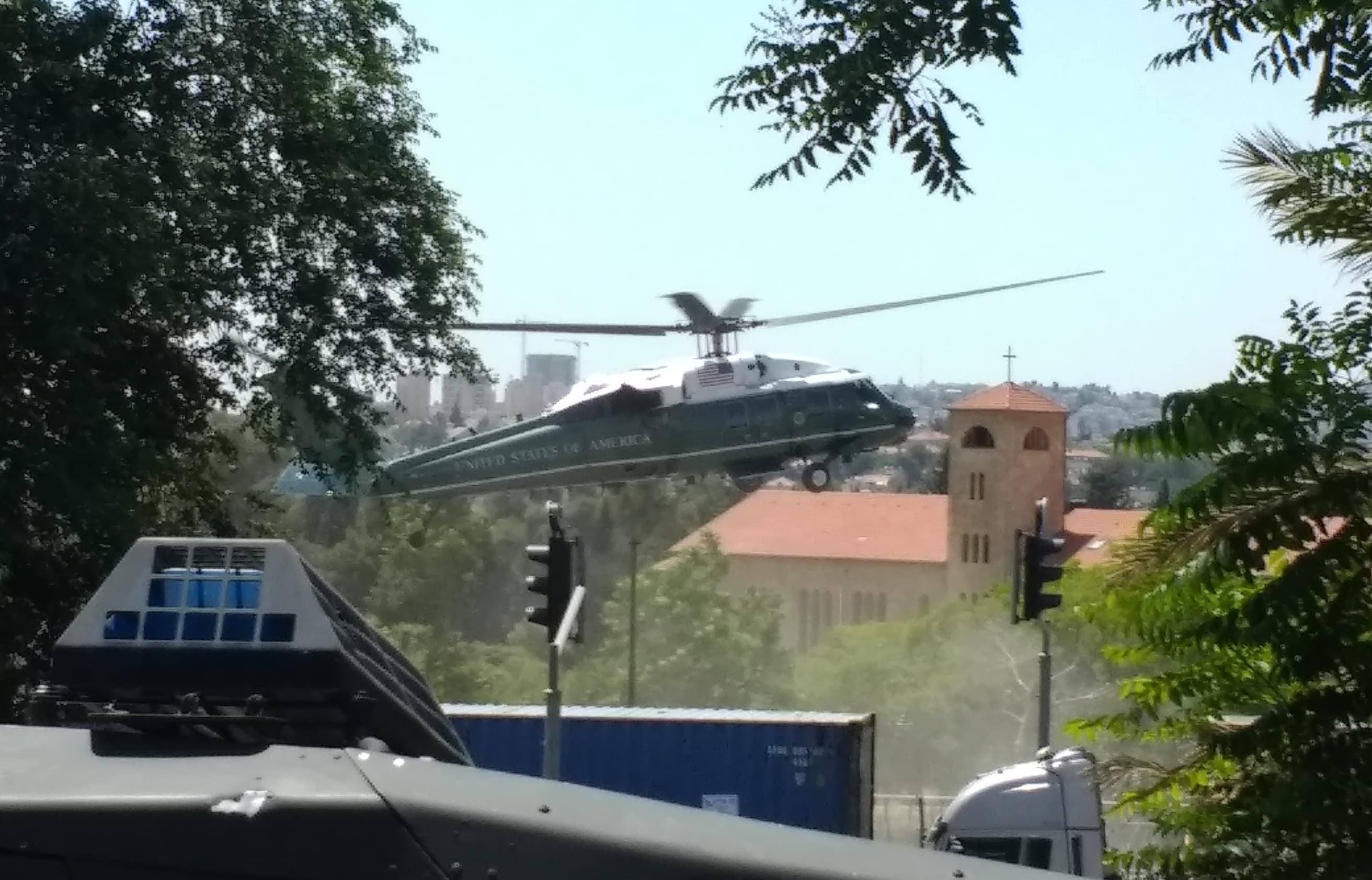 Marine One lands in southeast Jerusalem on Monday.
