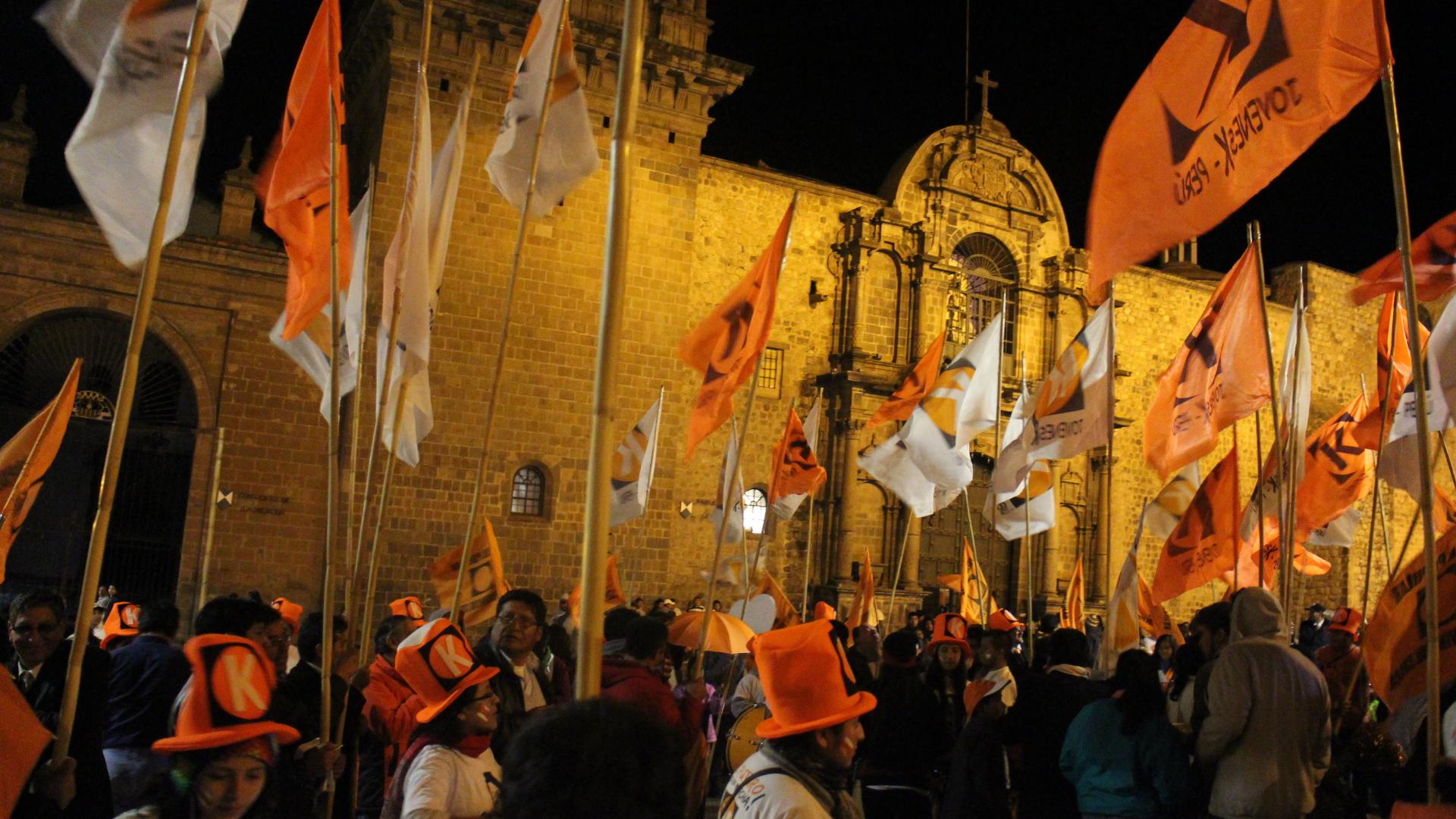 Keiko Fujimori supporters gather outside Cuzco's Temple of Mercy.