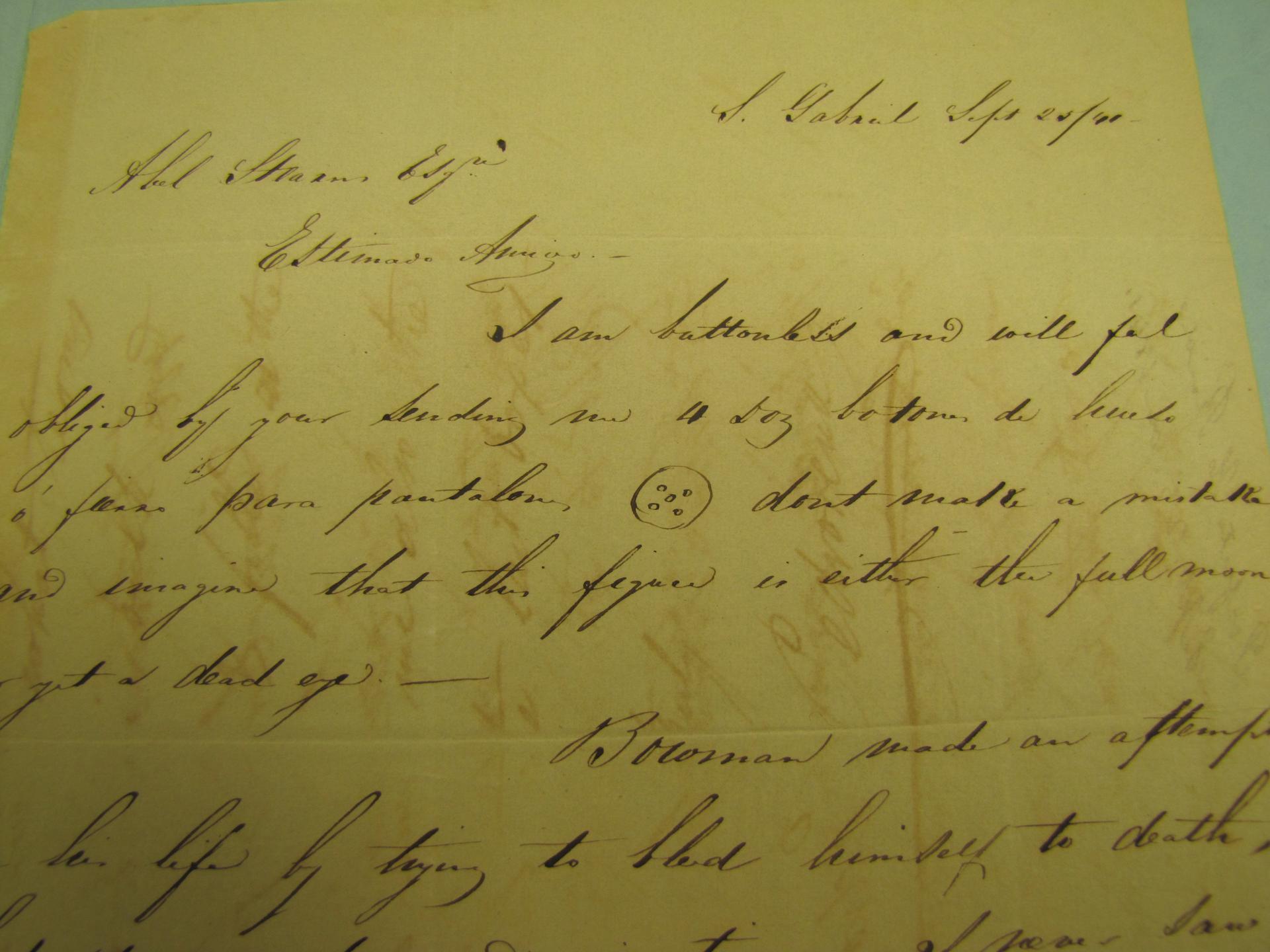 Letter from Hugh Reid to Abel Stearns asking for goods from his Stearns' store.