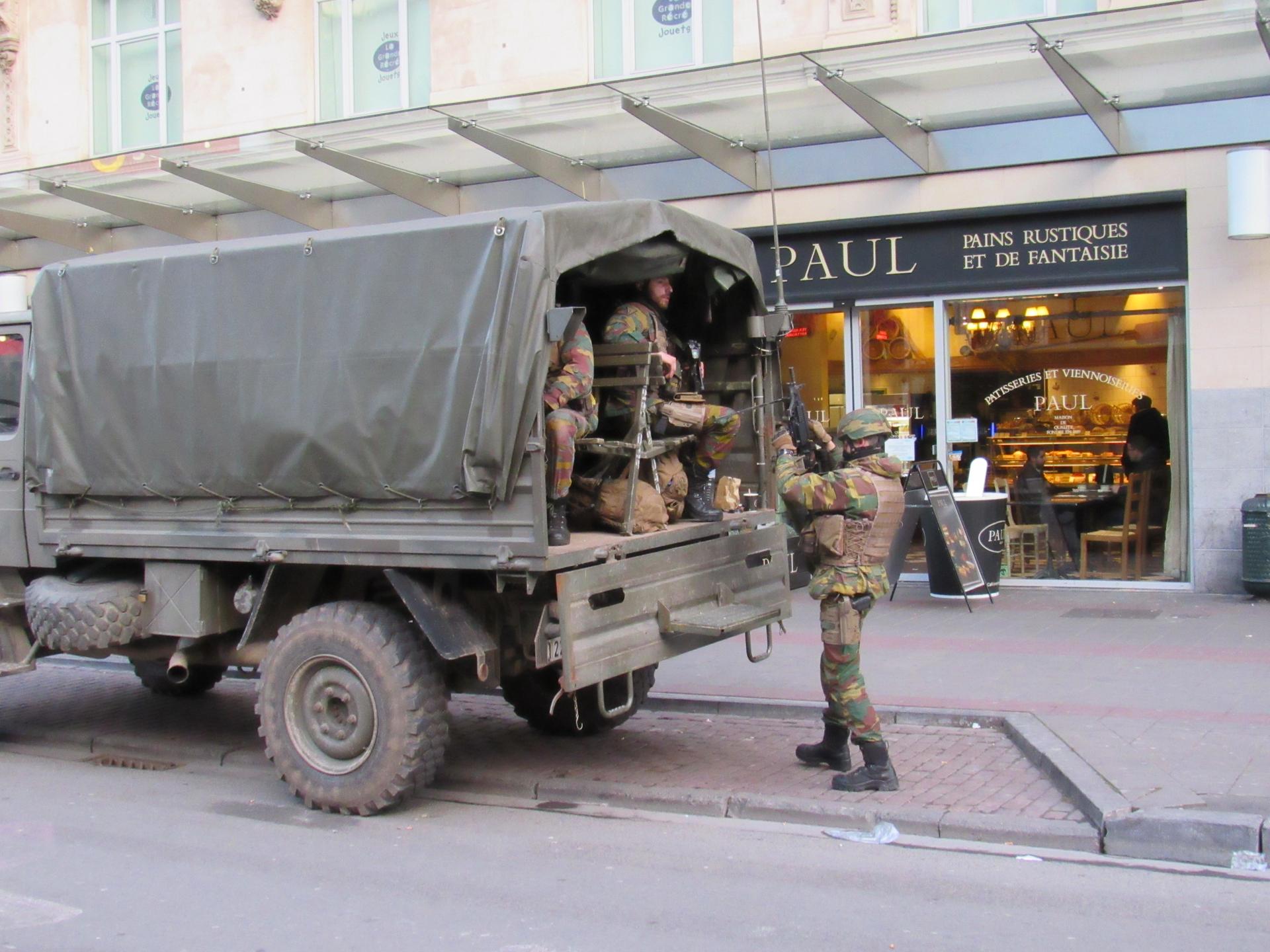 A Belgian military truck parked in downtown Brussels.