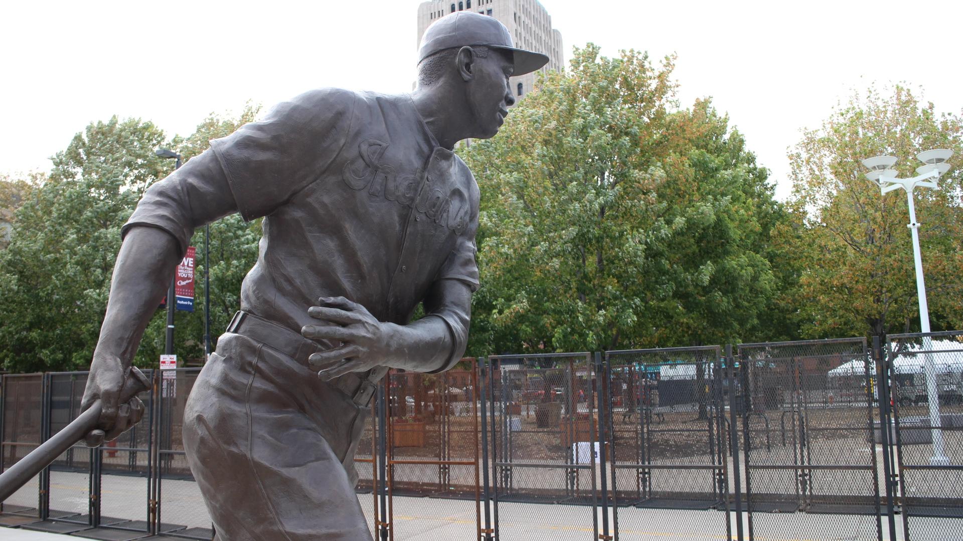 The Cleveland Indians' ballpark displays players' statues at the entrance. Pictured: Larry Doby, first African American in the American League.