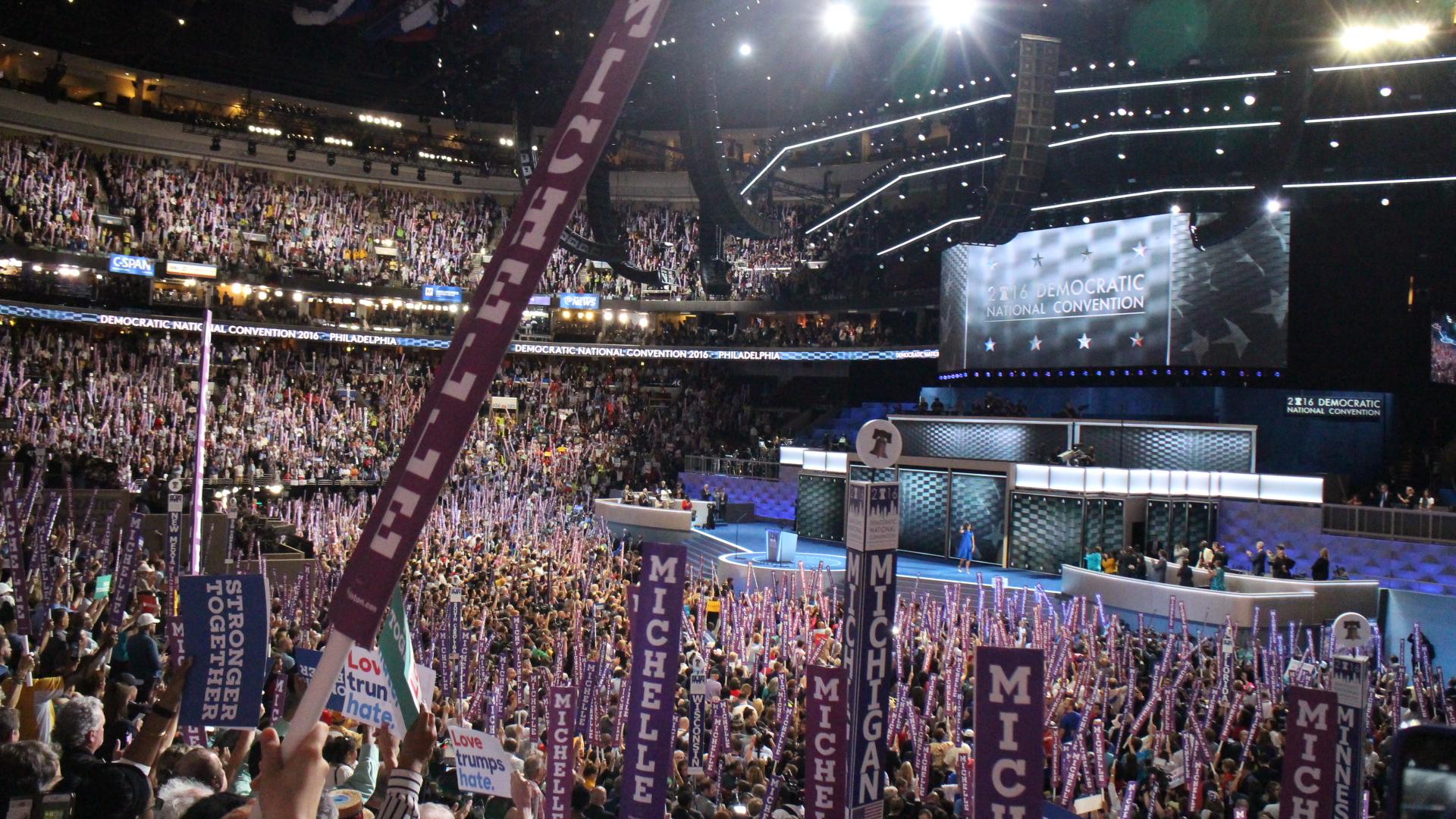 The crowd at the Democratic National Convention waves “Michelle” banners during First Lady Michelle Obama’s speech. The banners were passed out in advance of the speech.