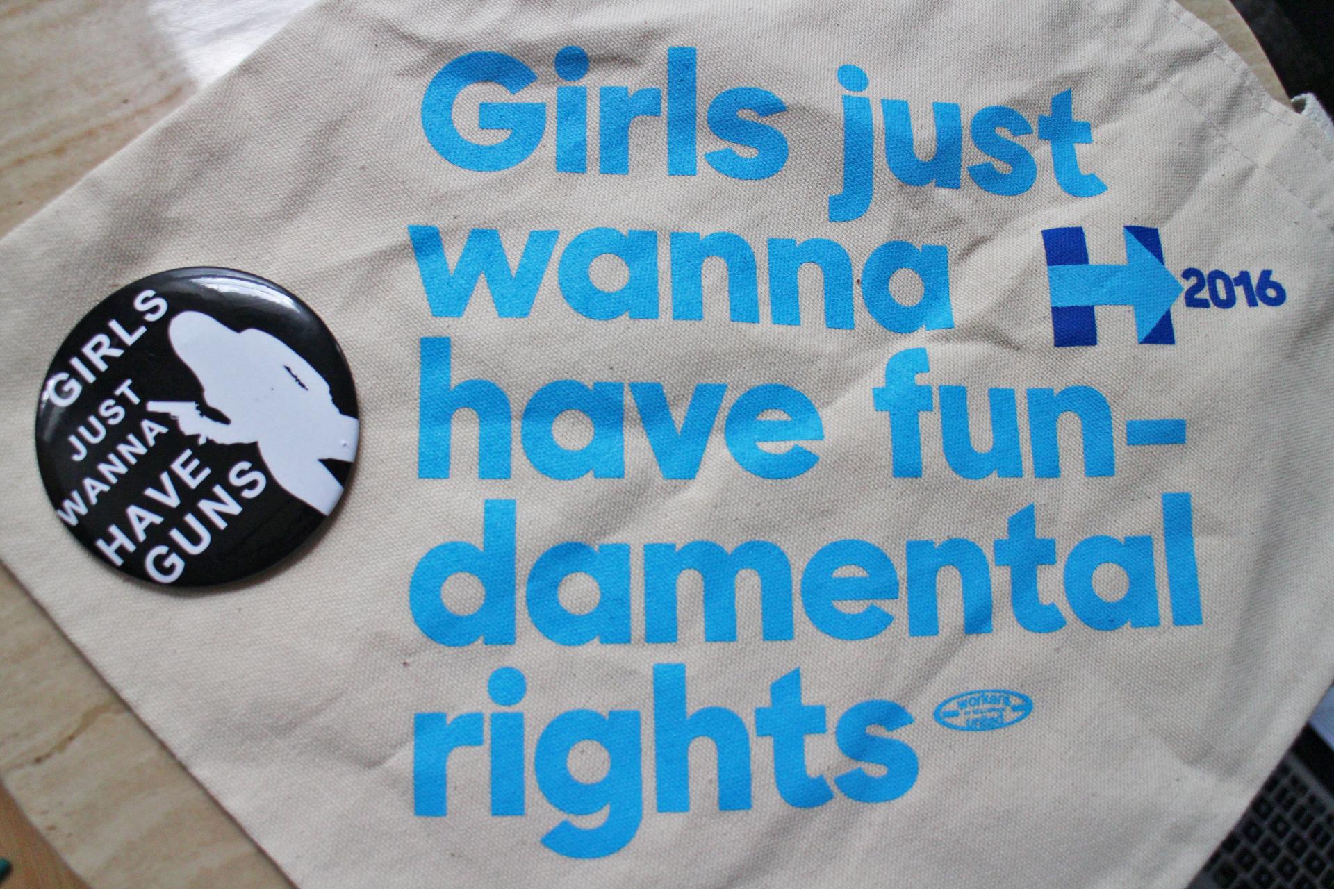 At the RNC, "Girls just wanna have guns." At the DNC, "Girls just wanna have fundamental rights."