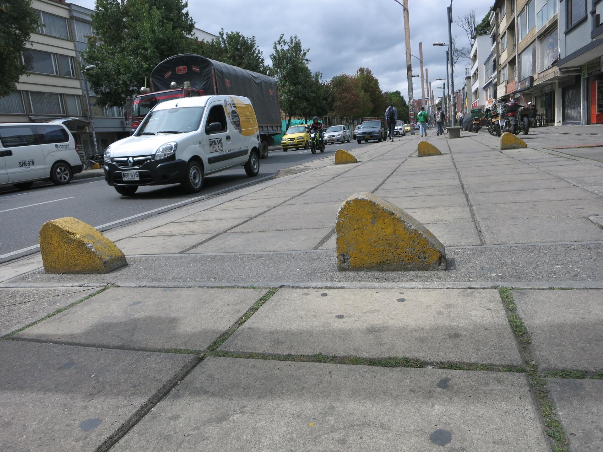 Traffic barriers and bollards were installed throughout Bogotá to prevent cars from parking on city sidewalks.