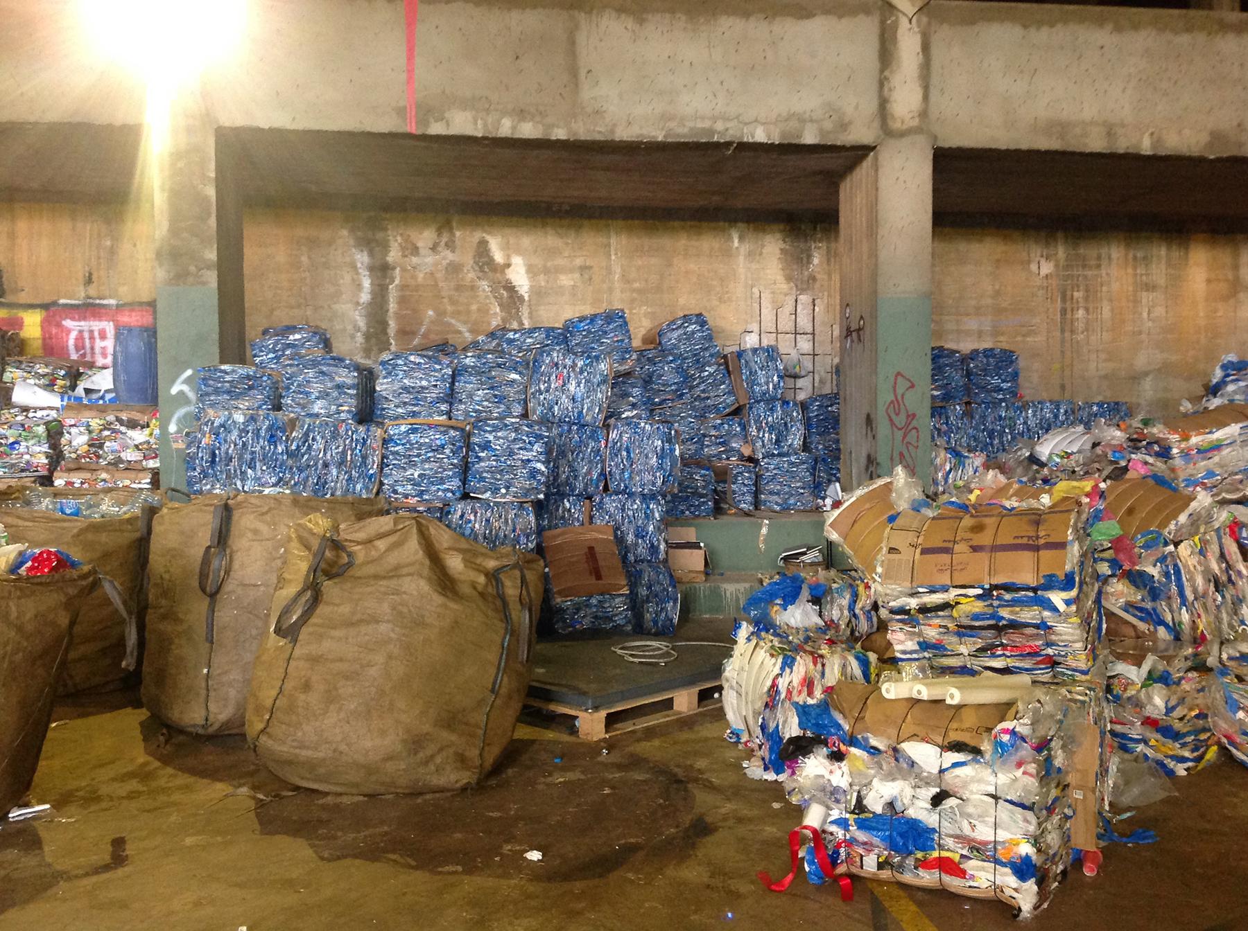 Mixed household recyclables are sorted, compacted and packed up for sale to commercial recyclers in a former gym in the Beirut suburb of Beit el Shaar. The facility is one of the first in Lebanon for household waste.