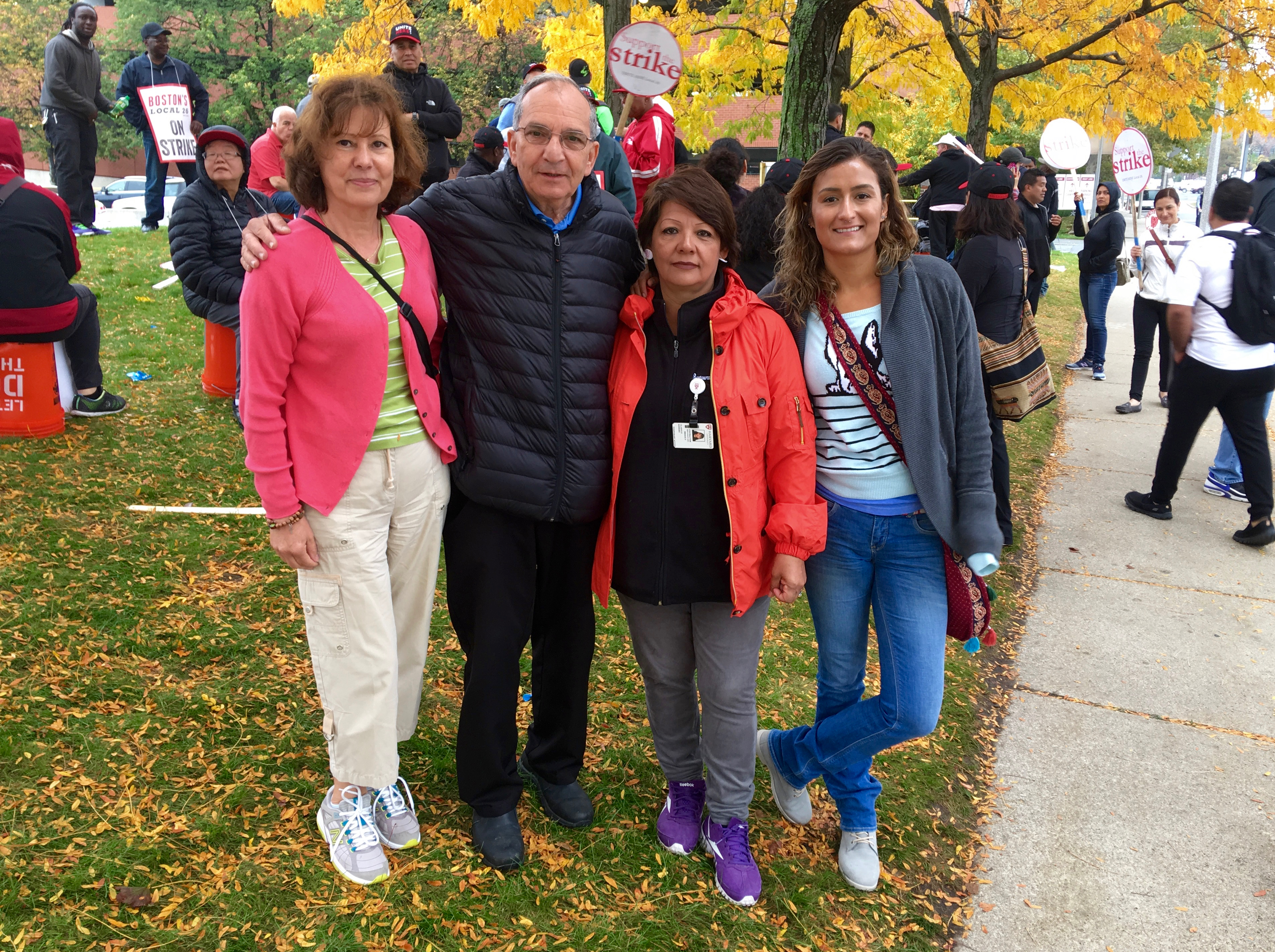 Dining hall employees on the strike line at the Harvard Business School (from left to right), Gracinda Almeida, 