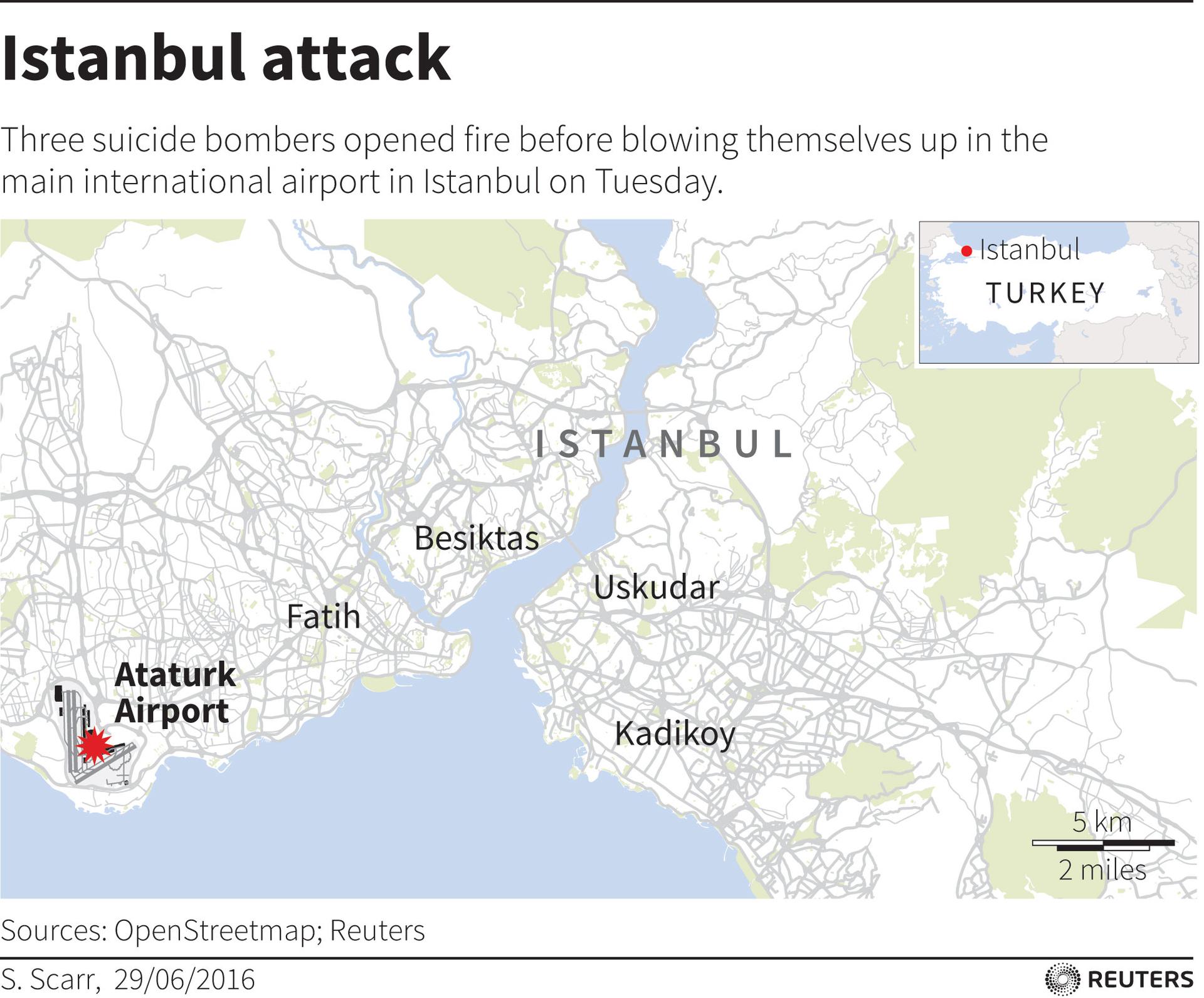 Map locating an attack at Istanbul airport on June 28, 2016.