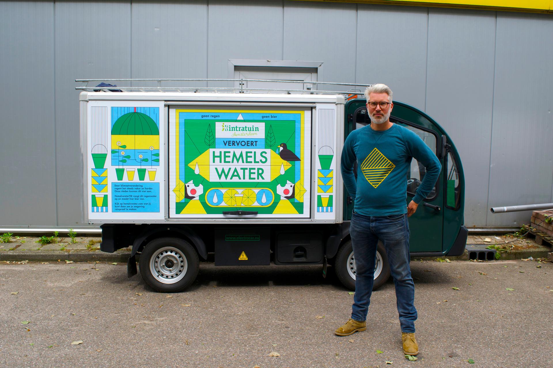 Joris Hoebe with his company's electric van. Hoebe turns 1,000 liters of rain water a week into beer, with big plans to expand.