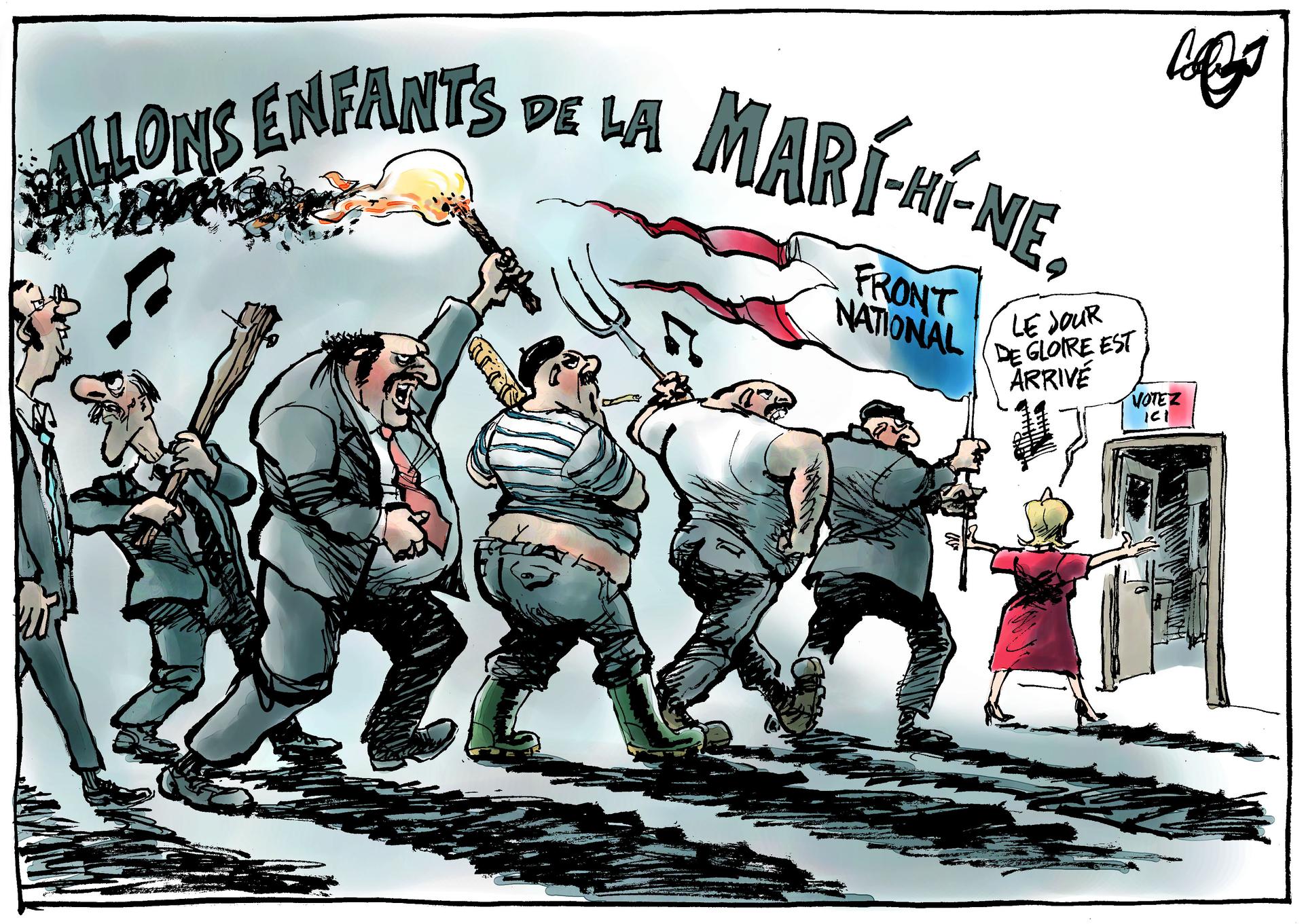 cartoon showing LePen fans chasing after her