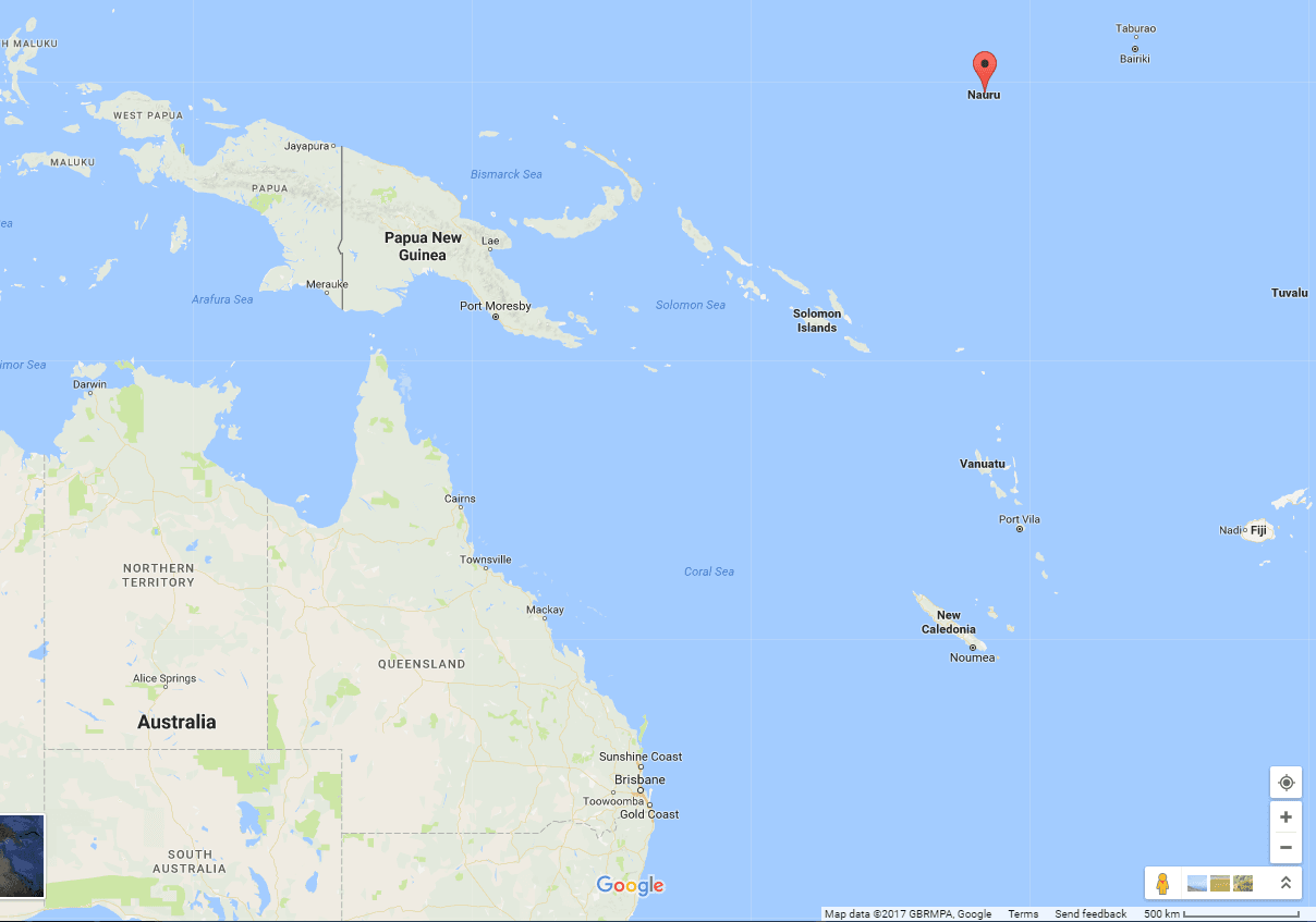 The 10-square-mile island of Nauru is 20 miles south of the equator and 2,800 miles from Australia.