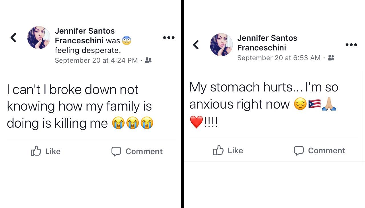 Facebook posts screen shots of a woman concerned about her family in Puerto Rico