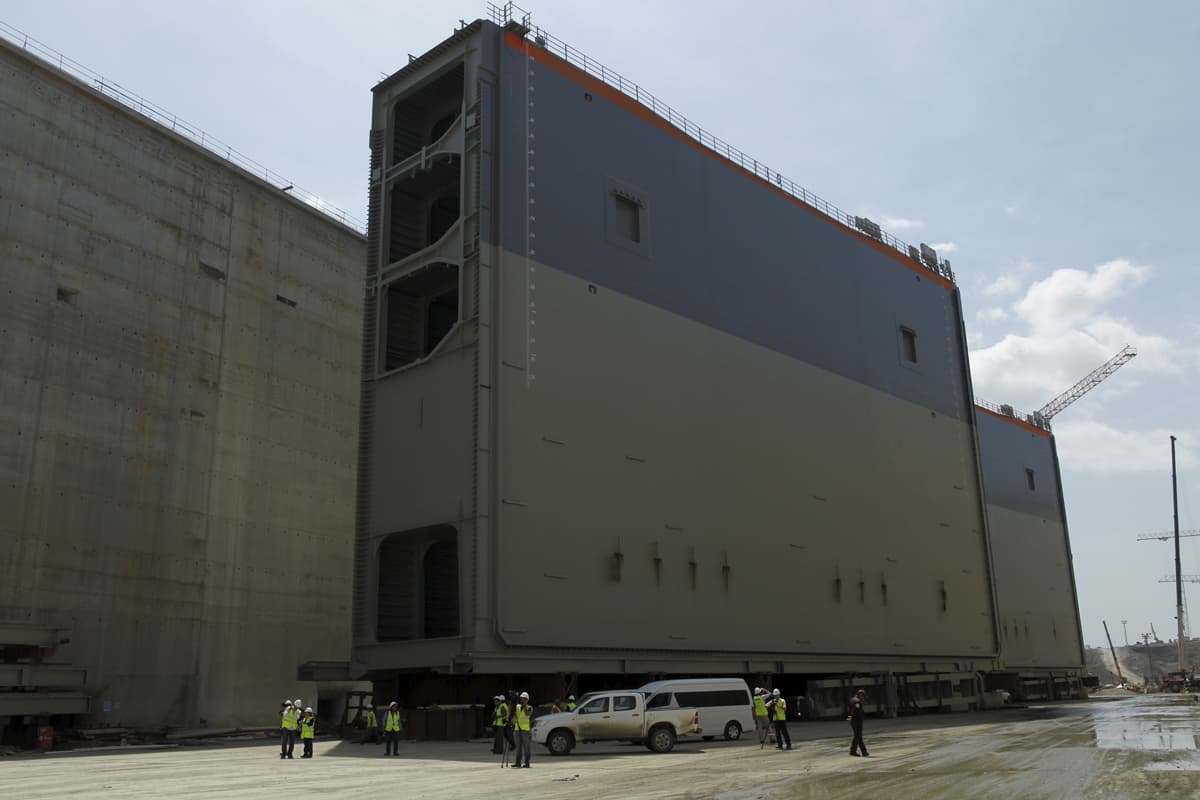 A steel rolling gate, part of the third set of locks on the Pacific side, is seen at the Panama Canal Expansion Project in Panama City.