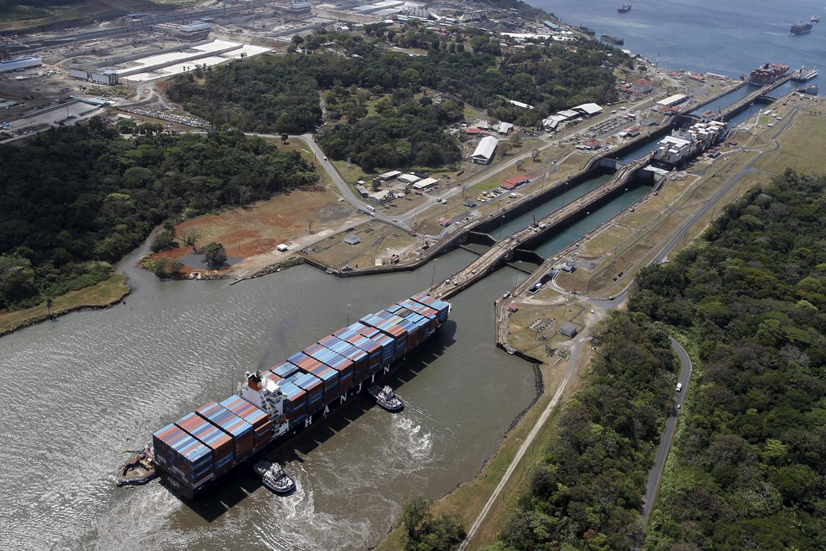 An aerial view of the Gatun locks on the Atlantic side of the Panama Canal is seen during an organized media tour. The expansion project area will allow bigger ships to transit, with two new sets of locks.