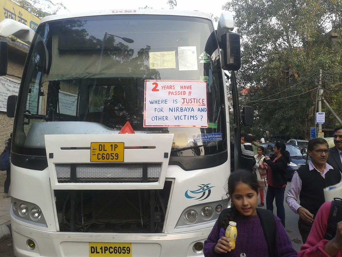 Some activists and ordinary citizens organized a bus ride to remind citizens of New Delhi that the brutal gang rape on December 16, 2012 had occurred on a bus, and that two years later public transportation remains unsafe for women.