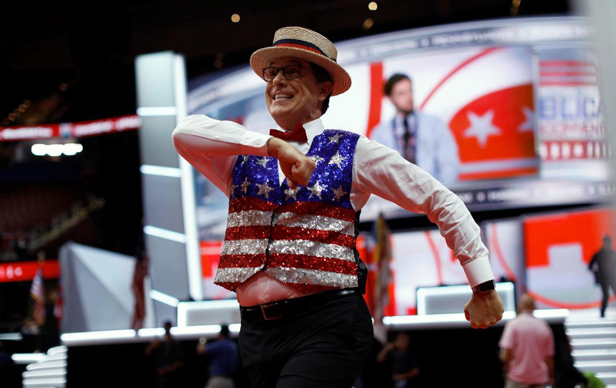 CBS television host Stephen Colbert records a skit on the floor of the RNC.