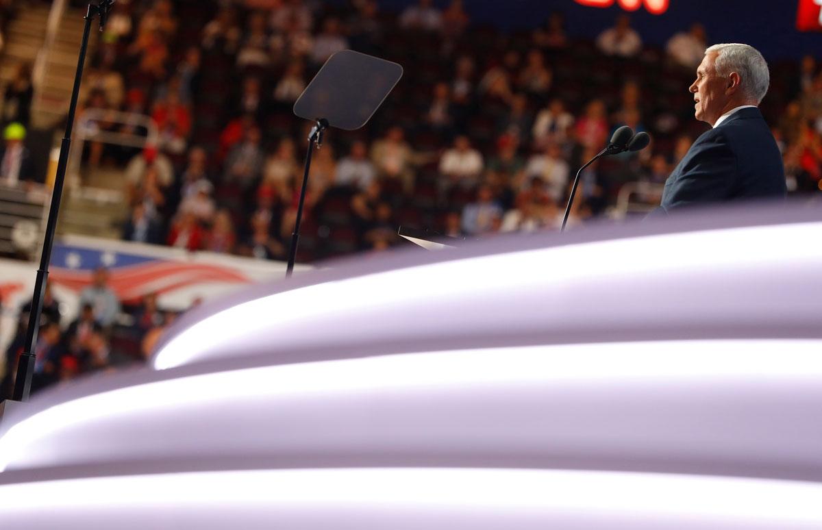 Republican vice presidential nominee Indiana Governor Mike Pence speaks at the RNC.