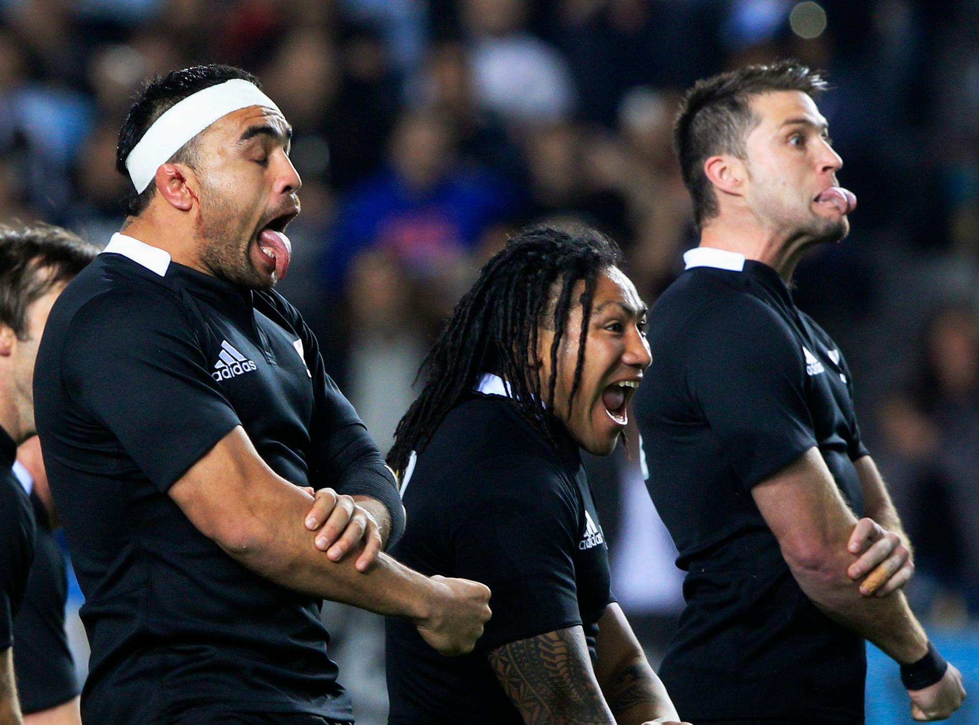 New Zealand All Blacks' (L-R) Liam Messam, Ma'a Nonu and Cory Jane perform a Haka before their Rugby Championship match against Argentina Los Pumas in La Plata September 29, 2012.
