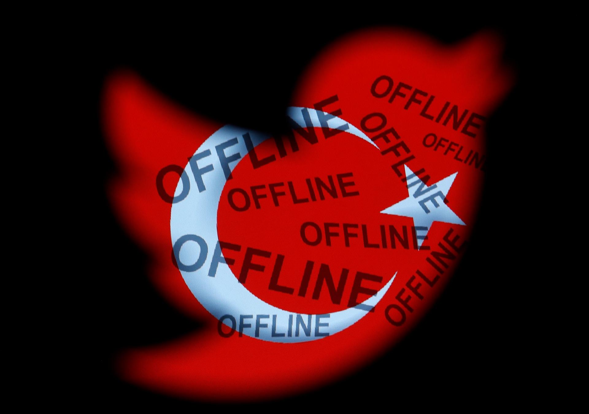 A Turkish national flag with the word 'offline' projected on it, is seen through a Twitter logo in this photo illustration taken in Zenica, March 21, 2014.