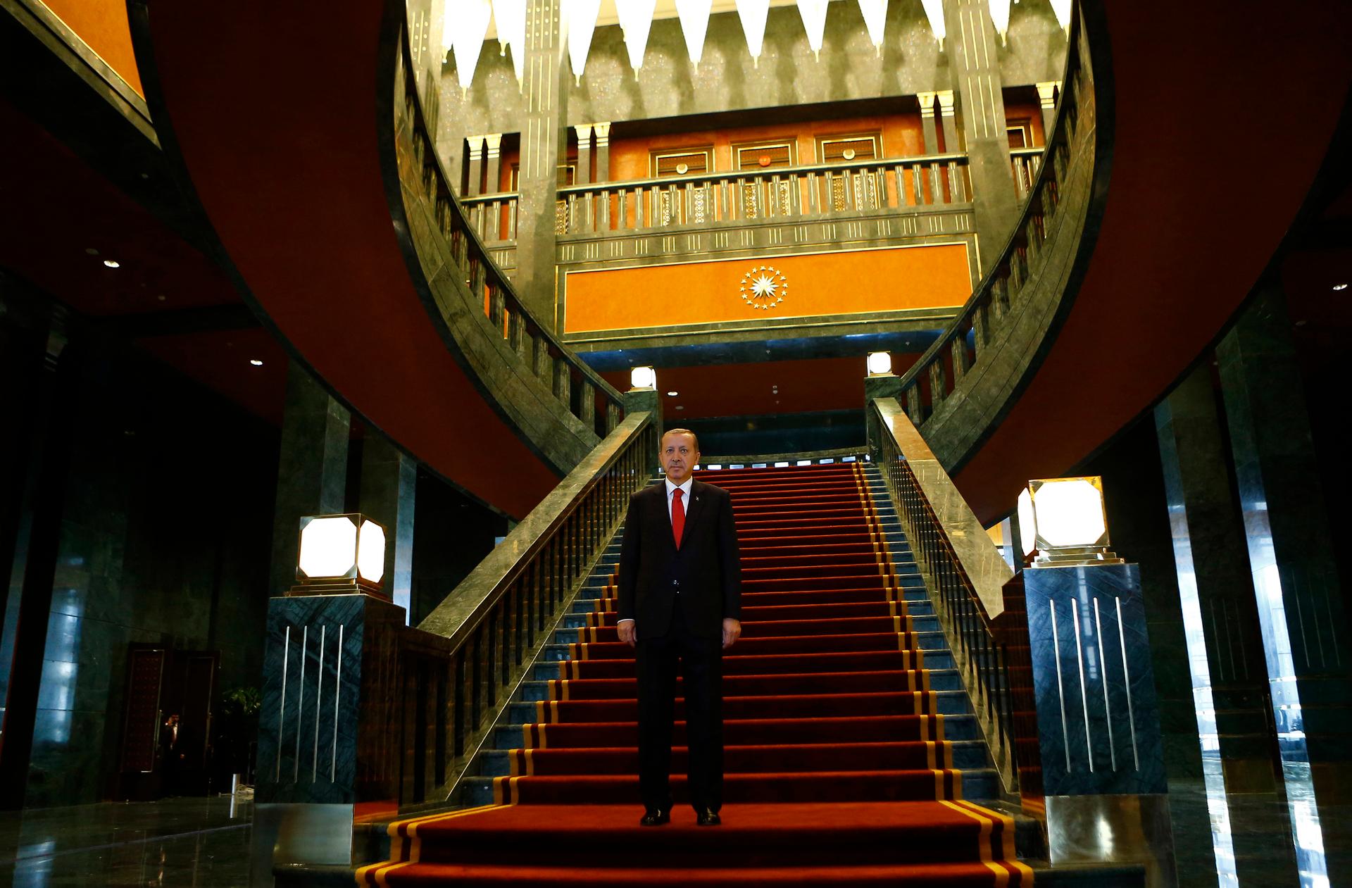 Turkey's President Tayyip Erdogan poses after an official ceremony to mark Republic Day at the new Presidential Palace in Ankara October 29, 2014.