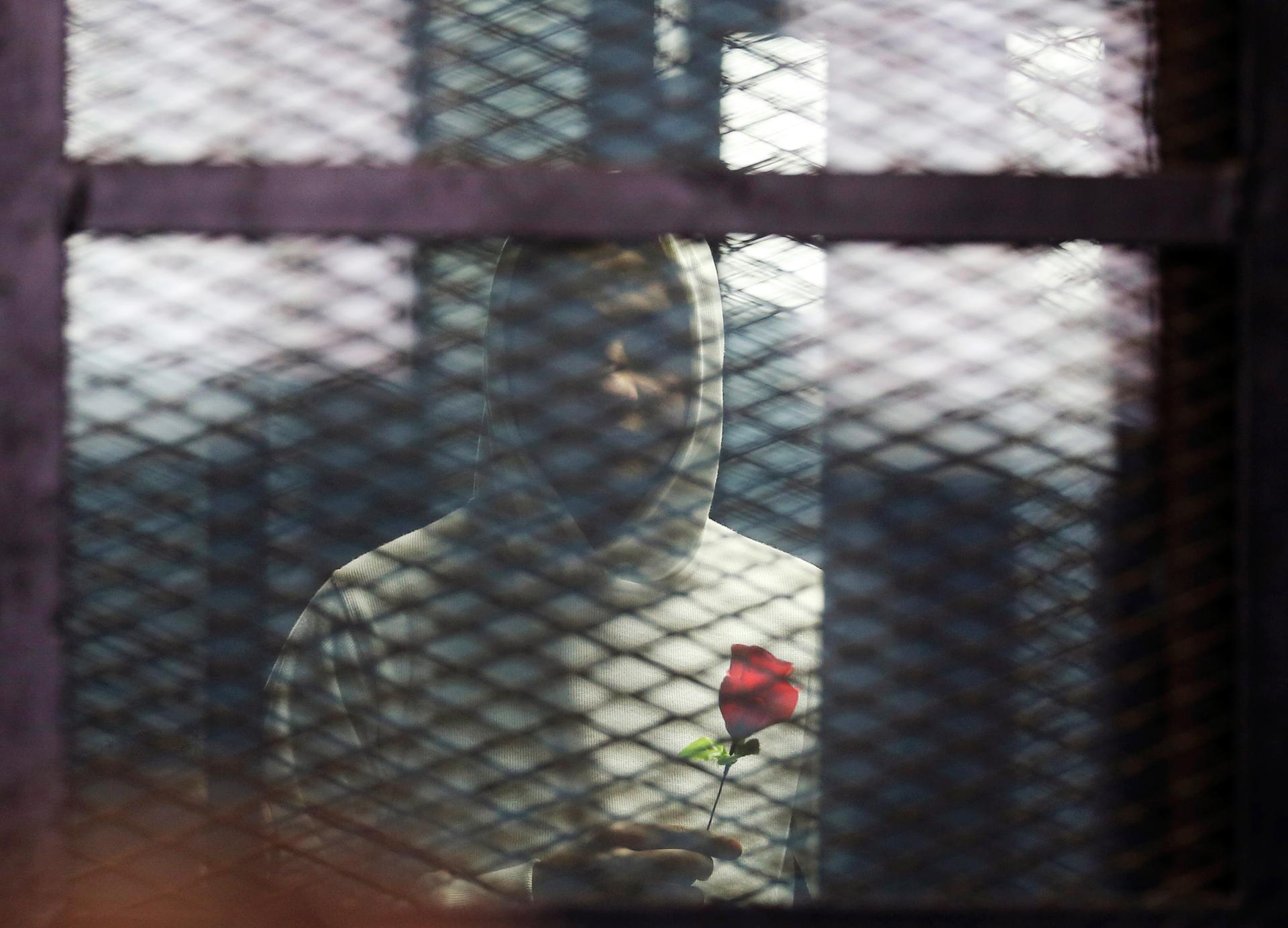 A defendant holds a rose during the retrial of 21 activists on charges of breaking a law that bans protests without a police permit, in Cairo, Feb. 12, 2015