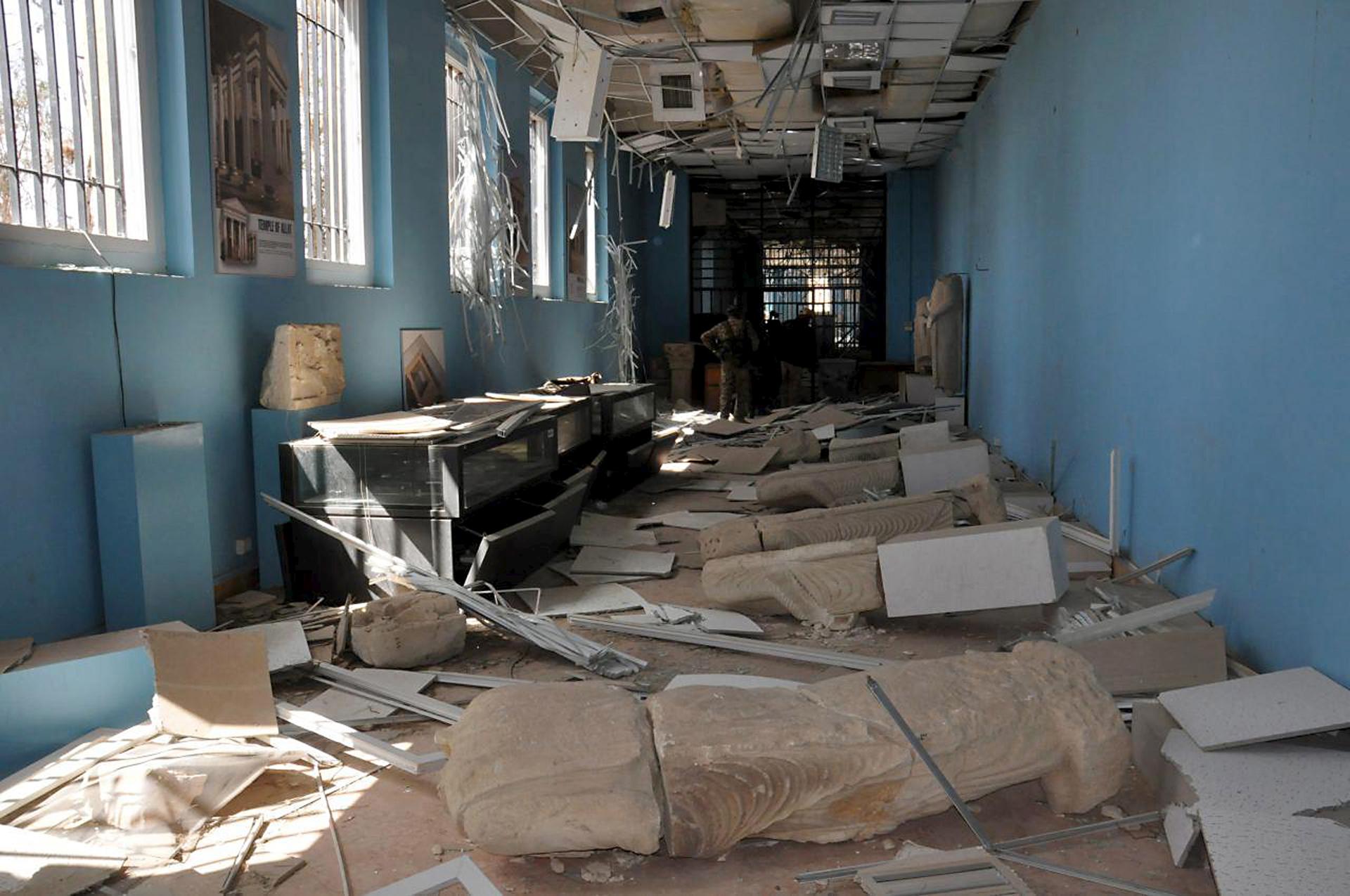 Damaged artifacts inside the museum of the historic city of Palmyra, after forces loyal to Syria's President Bashar al-Assad recaptured the city, in Homs Governorate.