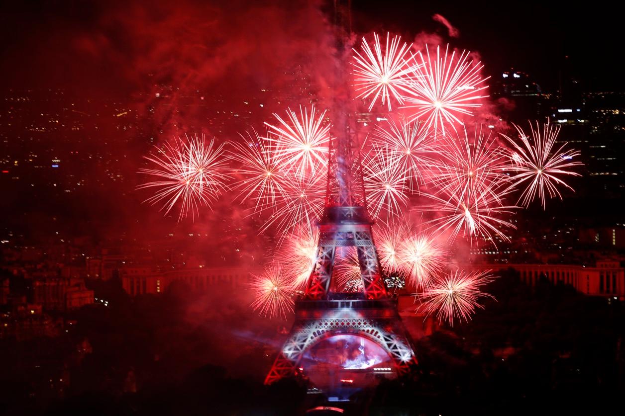 The Eiffel Tower fireworks display for Bastille Day on July 14.